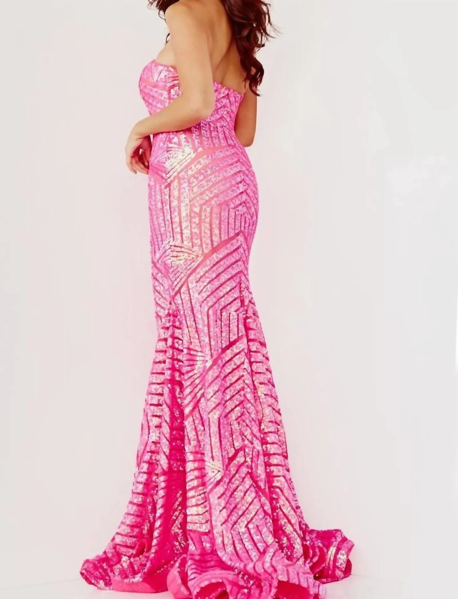 Chevron Sequin Strapless High Slit Prom Gown In Blush - Image 2