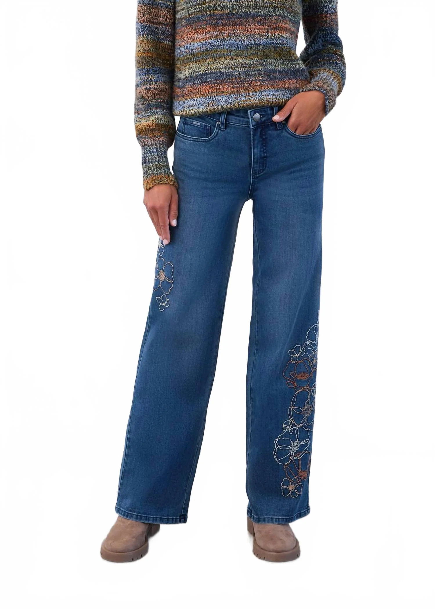 Christina Wide Leg Floral Embroidered Pant In Blue