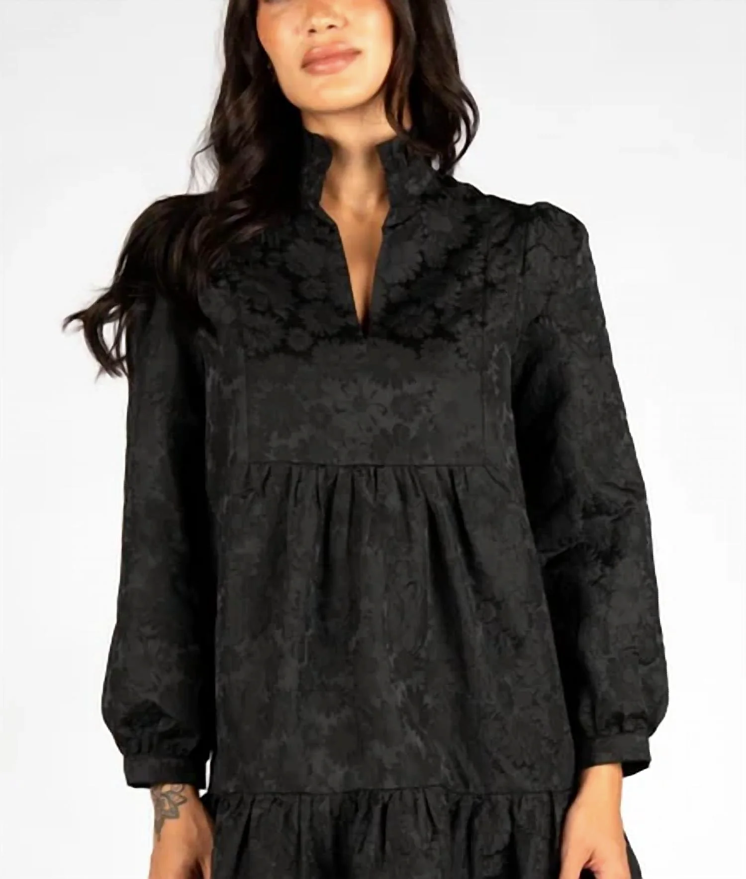 Claire Mini Dress In Black Brocade - Image 2