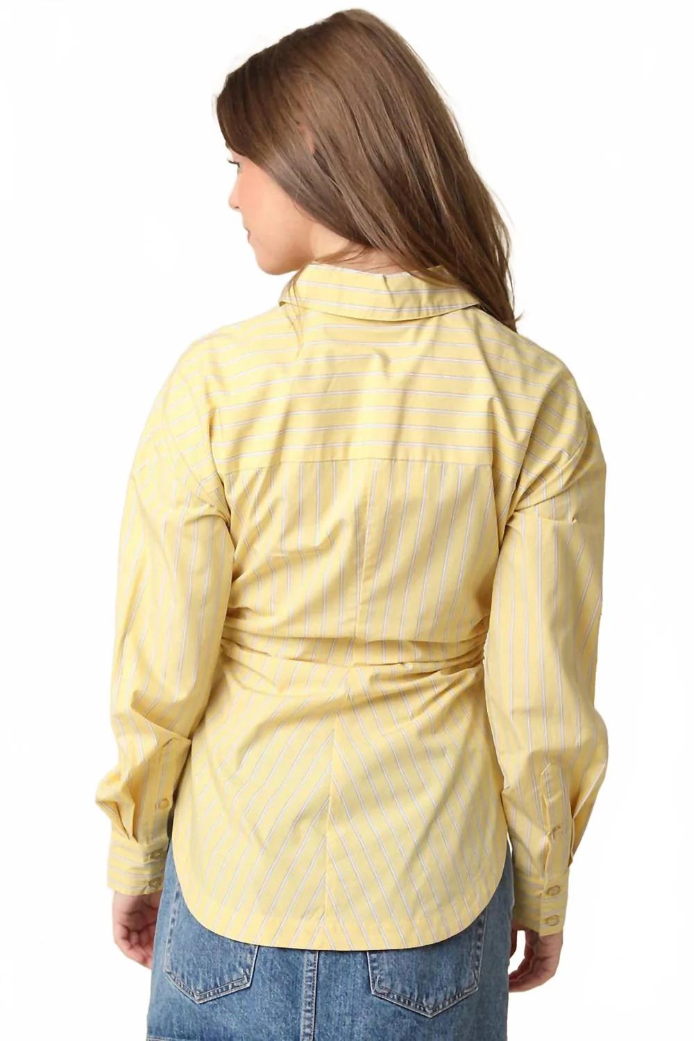 Claire Ruched Front Button-Up Shirt In Yellow Stripe - Image 4