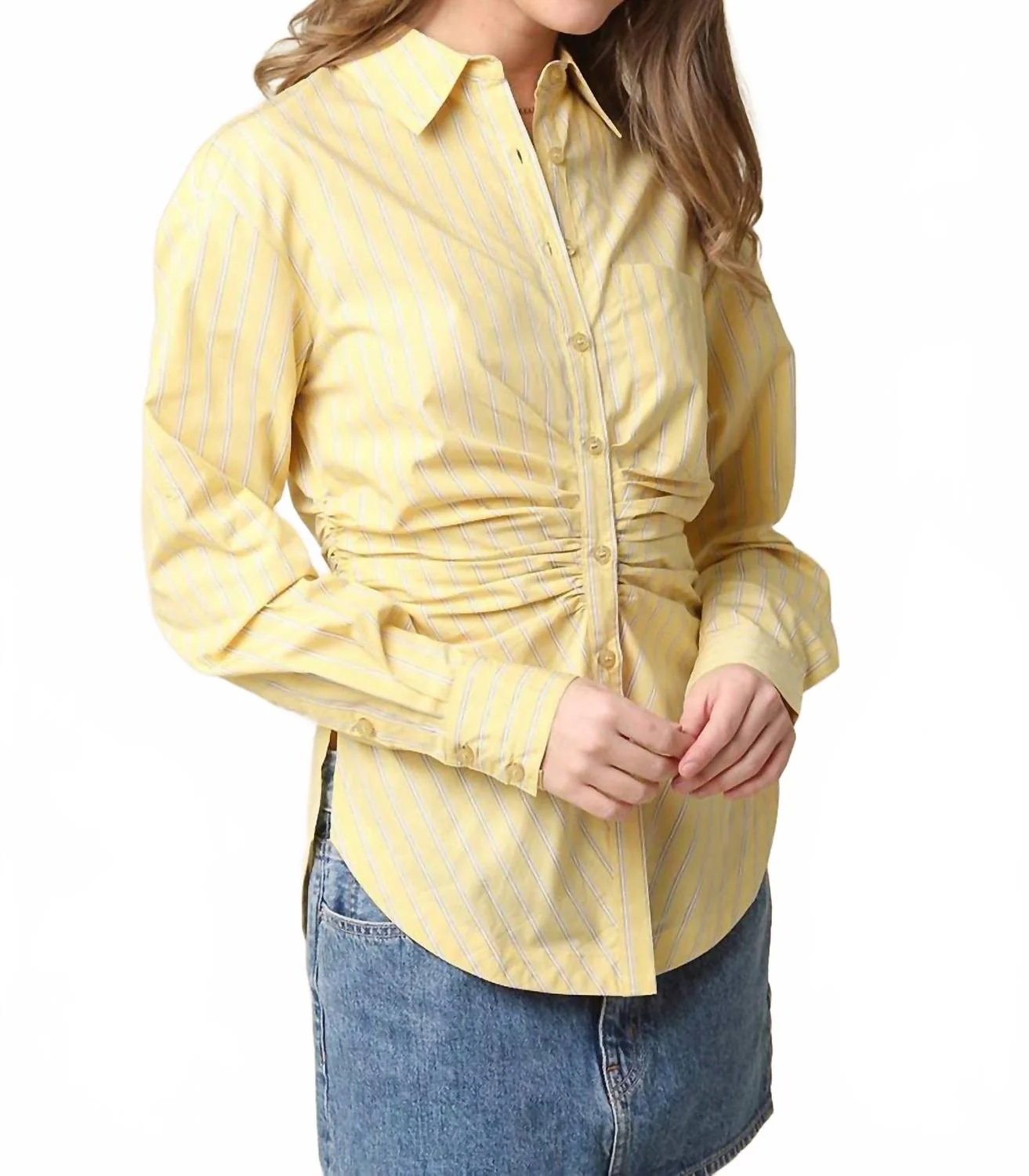 Claire Ruched Front Button-Up Shirt In Yellow Stripe - Image 5