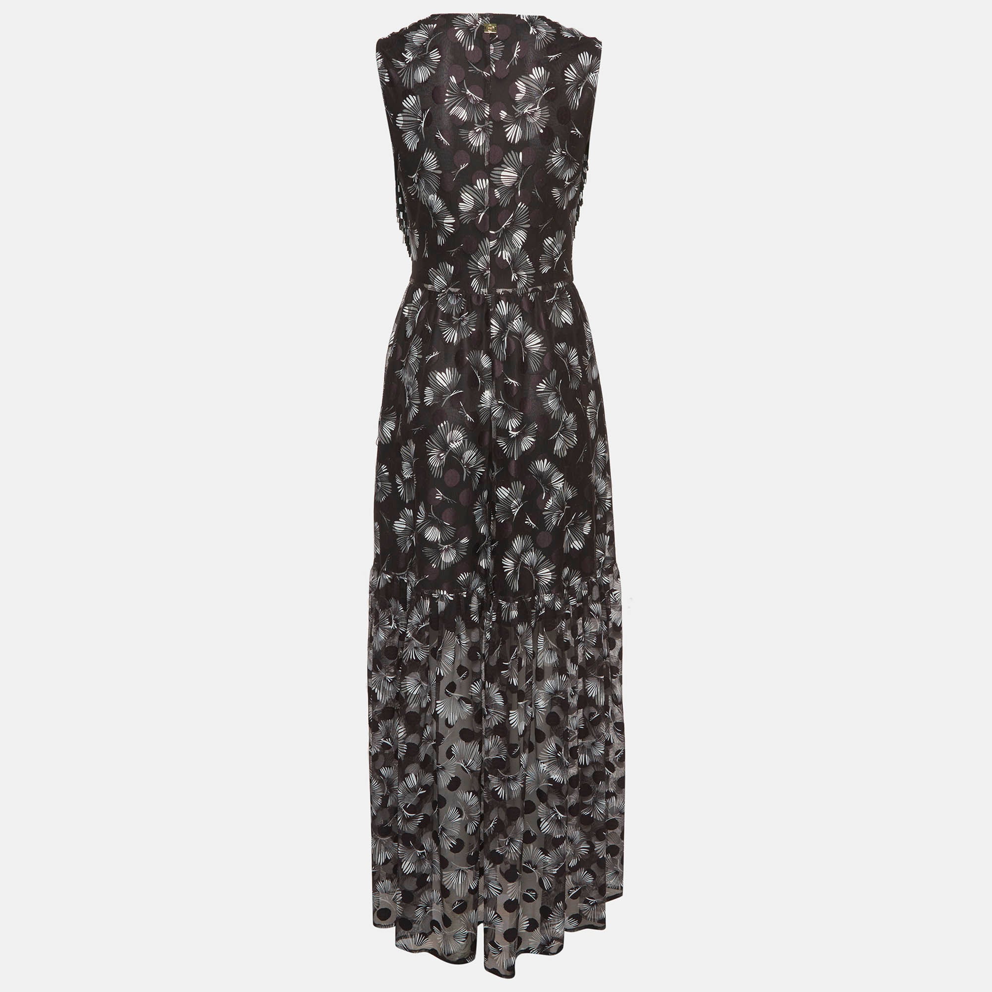 Class By Roberto Cavalli Black Mesh Floral Print Fringed Maxi Dress - Image 3