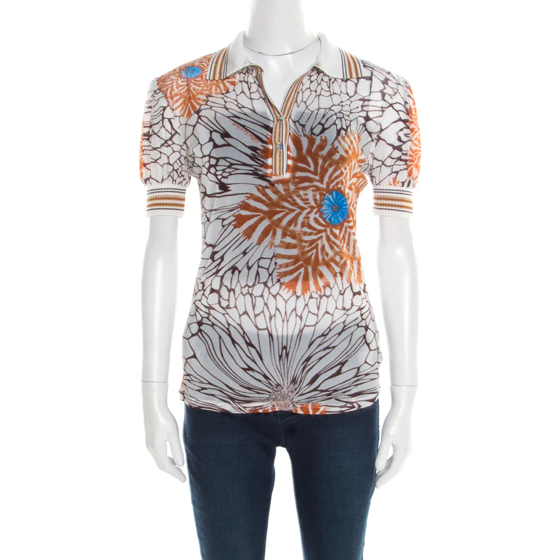 Class By Roberto Cavalli Off White Floral Printed Sheer Ribbed Trim Top