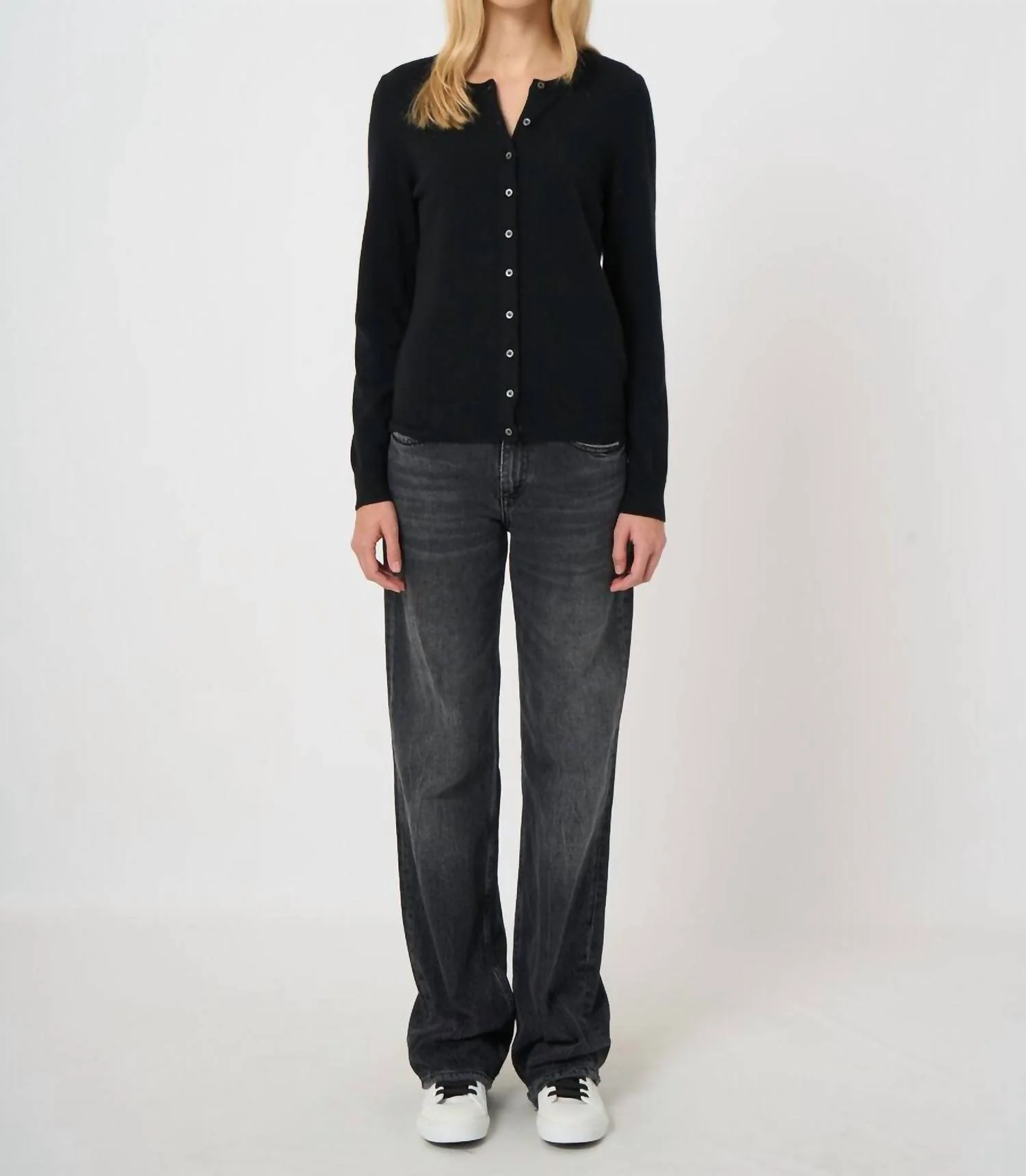 Classic Crew Neck Cashmere Cardigan In Black - Image 2
