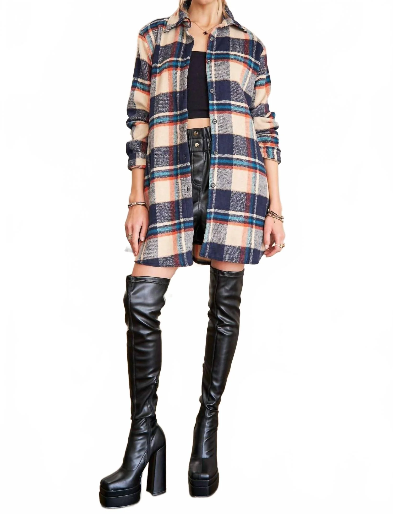 Classic Flannel Shacket In Navy Taupe - Image 4
