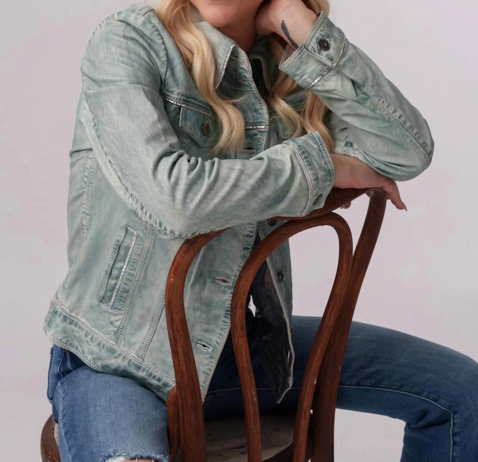Classic Leather Jean Jacket In Light Denim Blue - Image 2