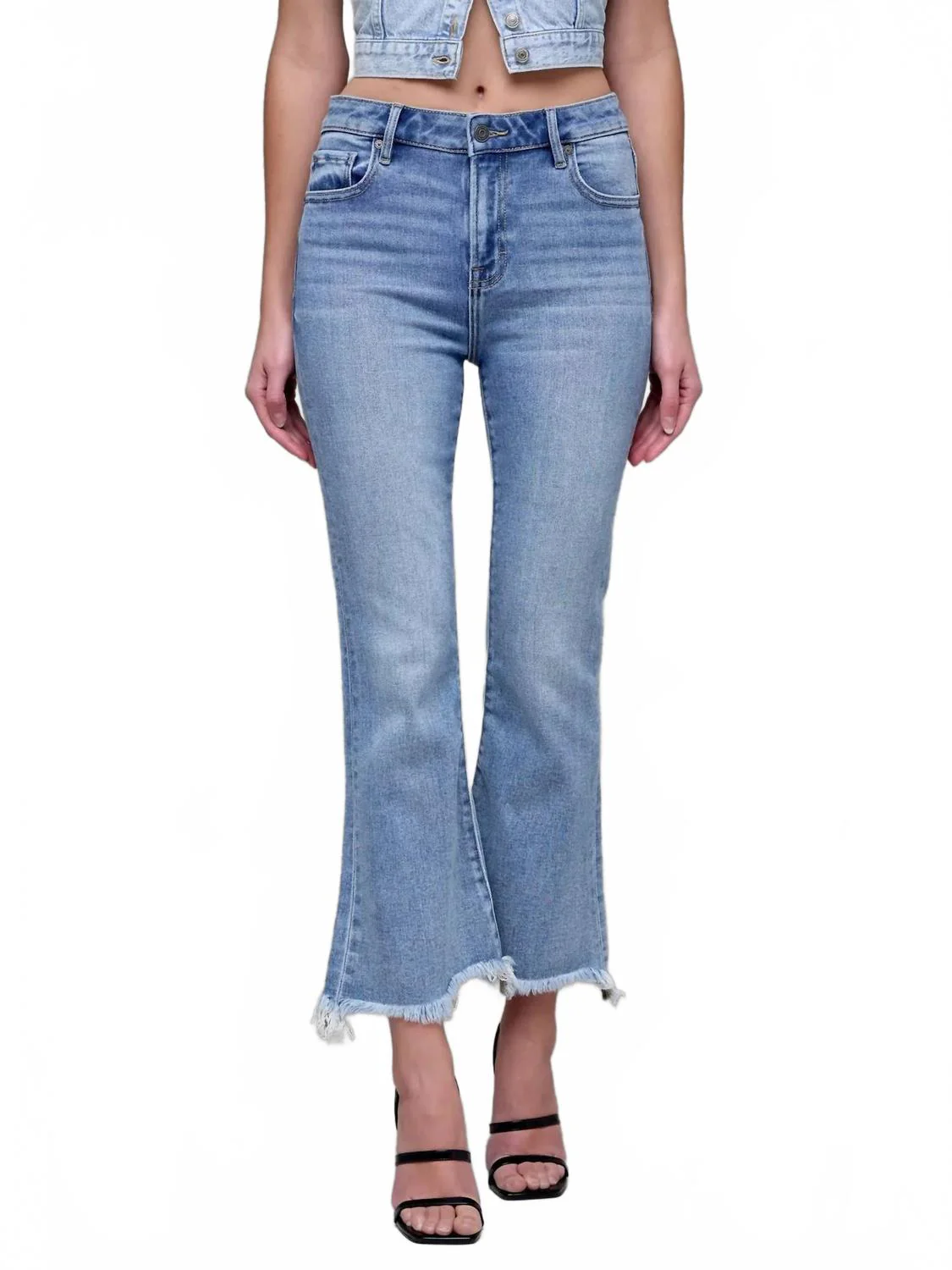 Clean Frayed Hem Stretch Crop Flare Jeans In Medium Wash