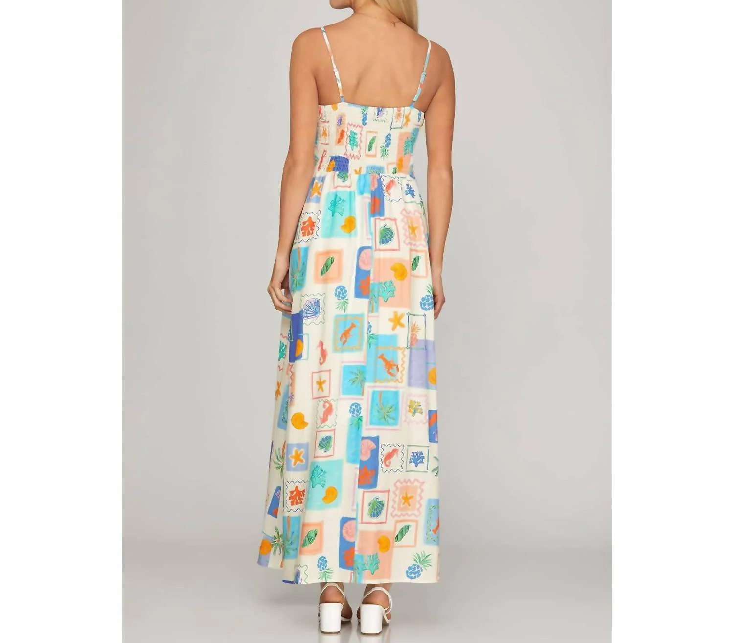 Coastal Tile Print Cami Maxi Dress With Pockets In Blue - Image 4