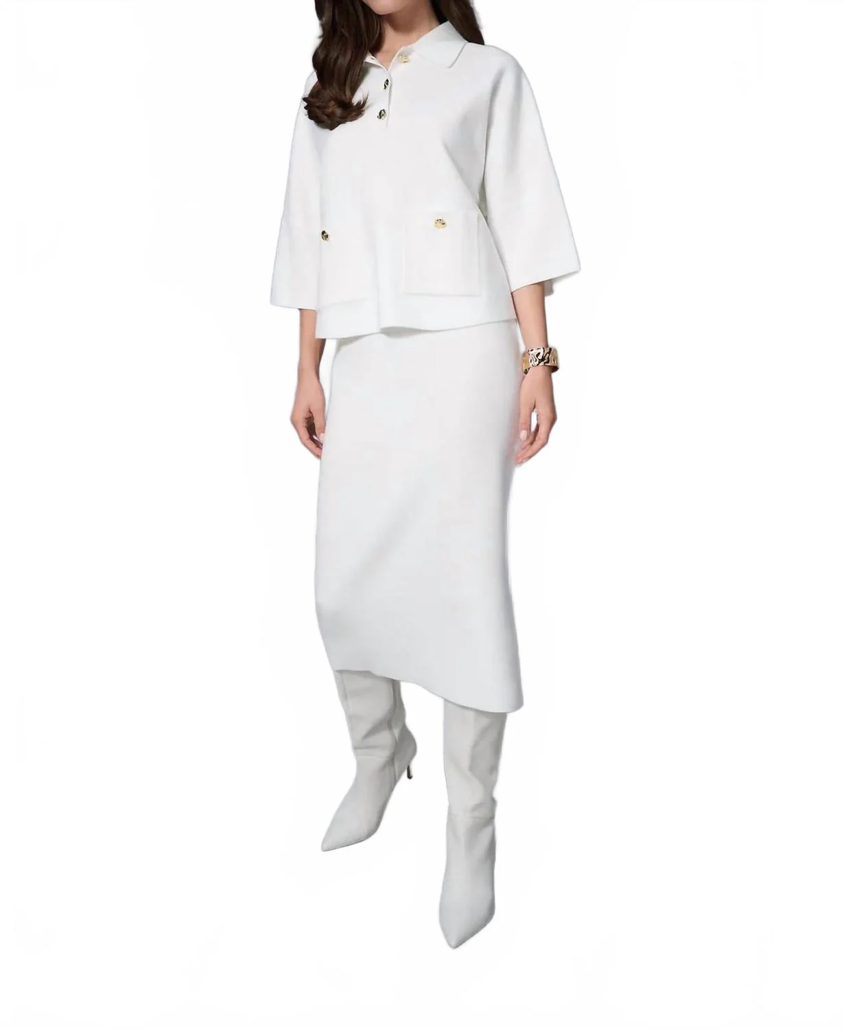 Collared 3/4 Sleeve Boxy Sweater Top In Winter White