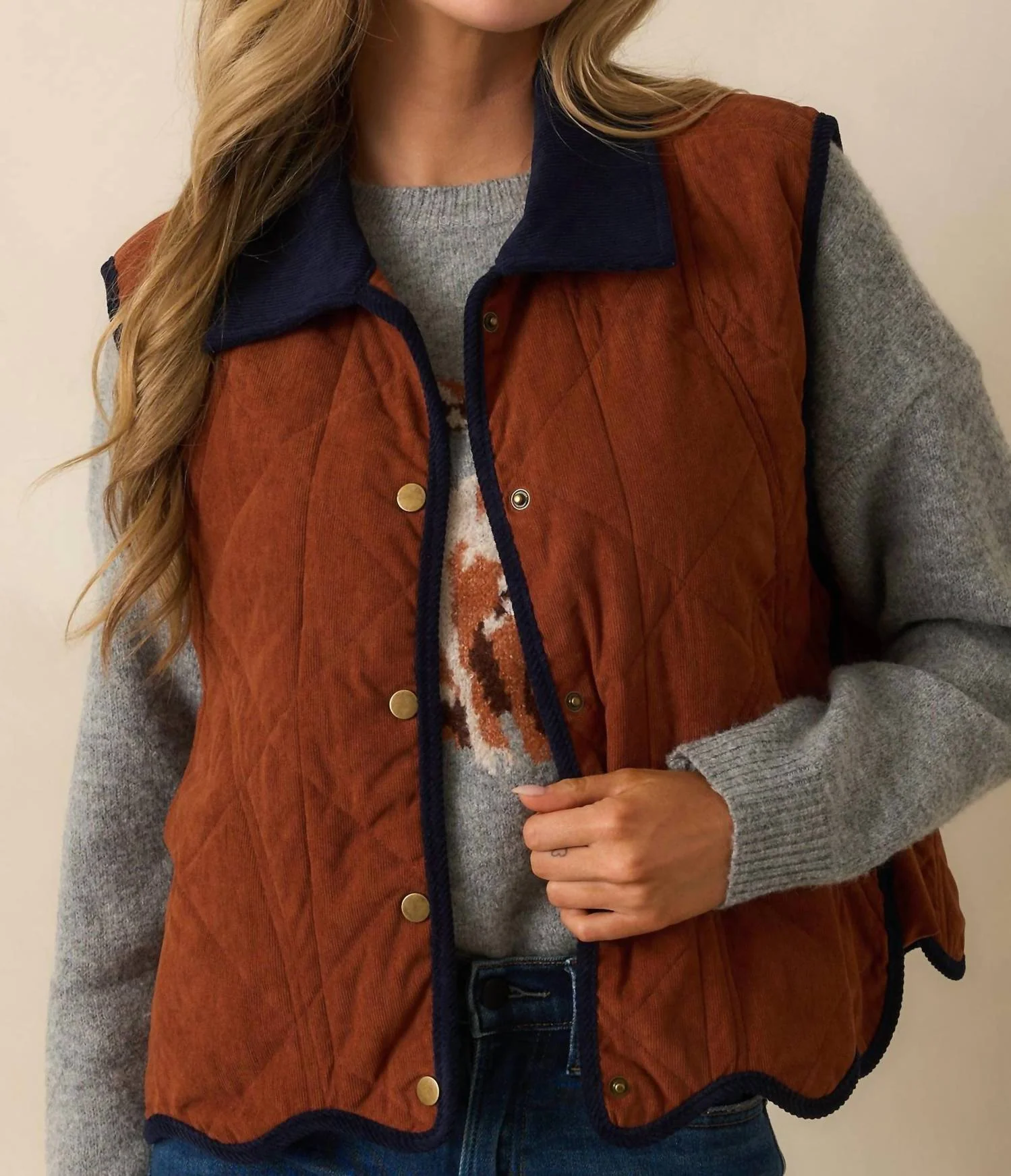 Collared Button Up Vest In Chestnut - Image 2