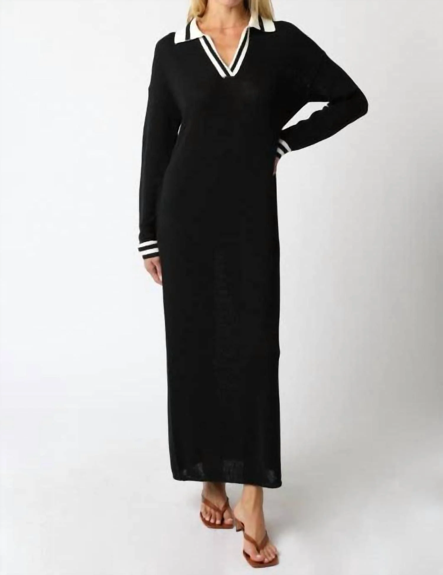 Collared Sweater Maxi Dress In Black Ivory - Image 2