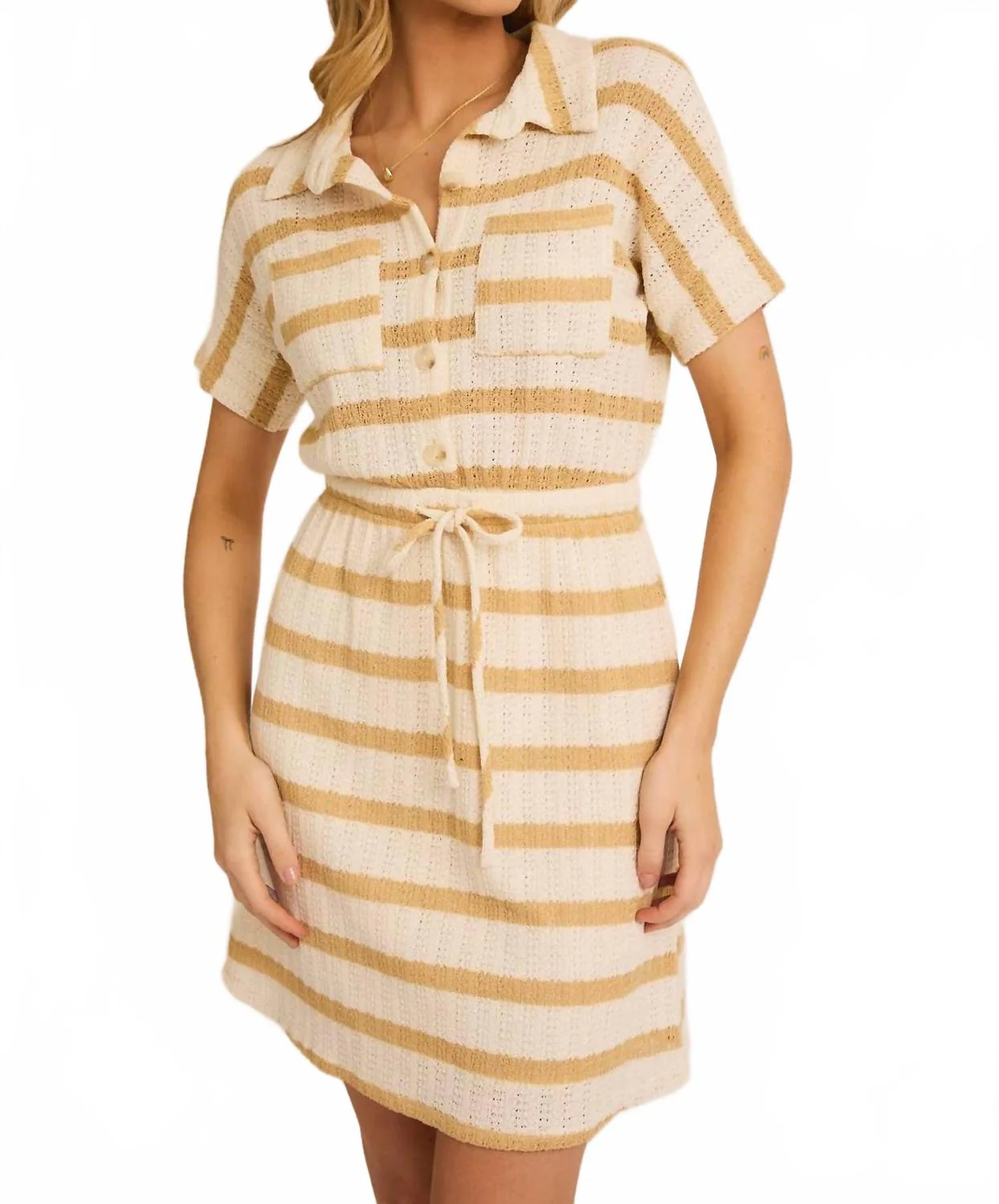 Collared Tie Waist Mini Dress In Cream/beige Stripe - Image 4