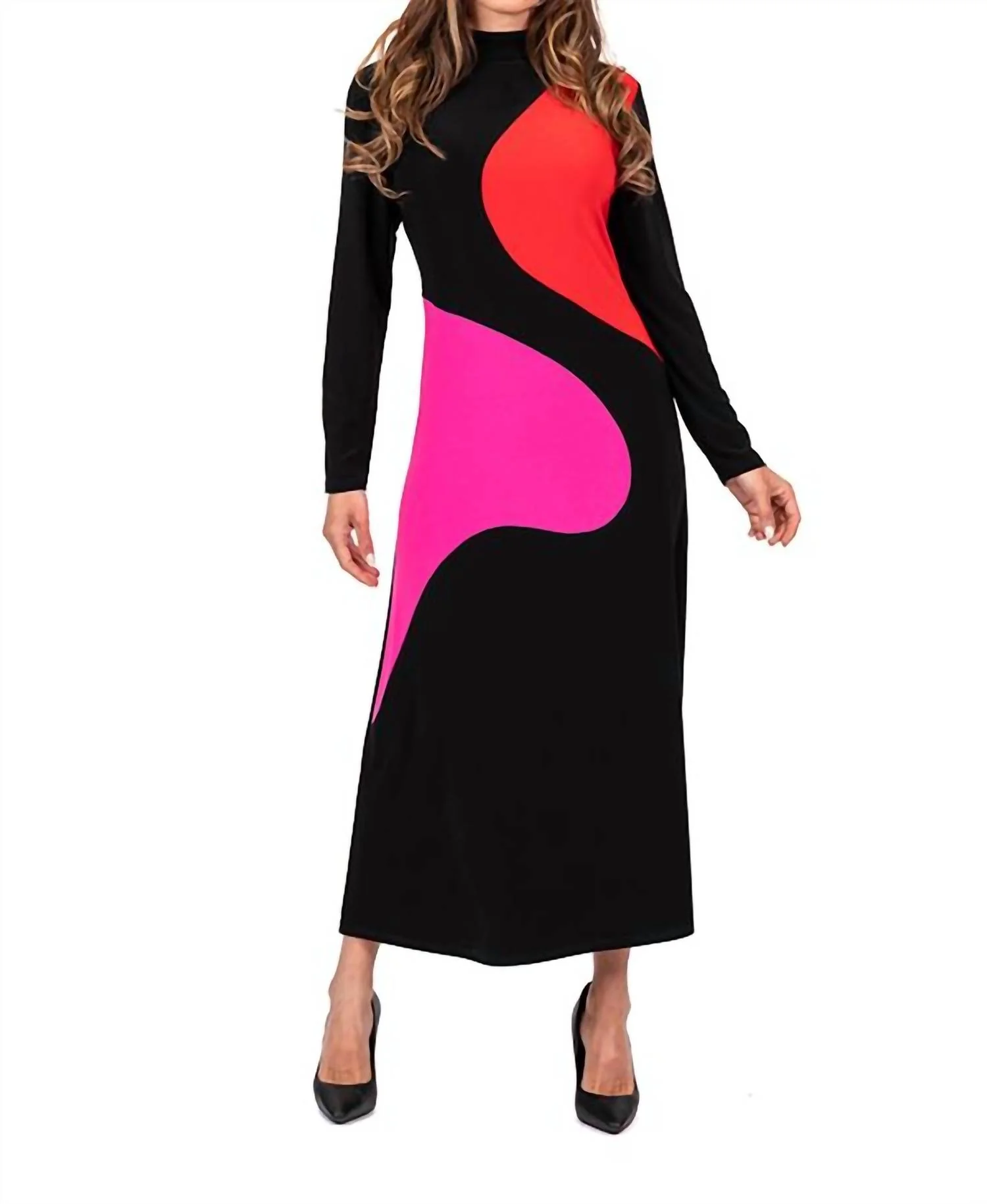 Color Block Dots Maxi Sheath Dress In Pink/red/black