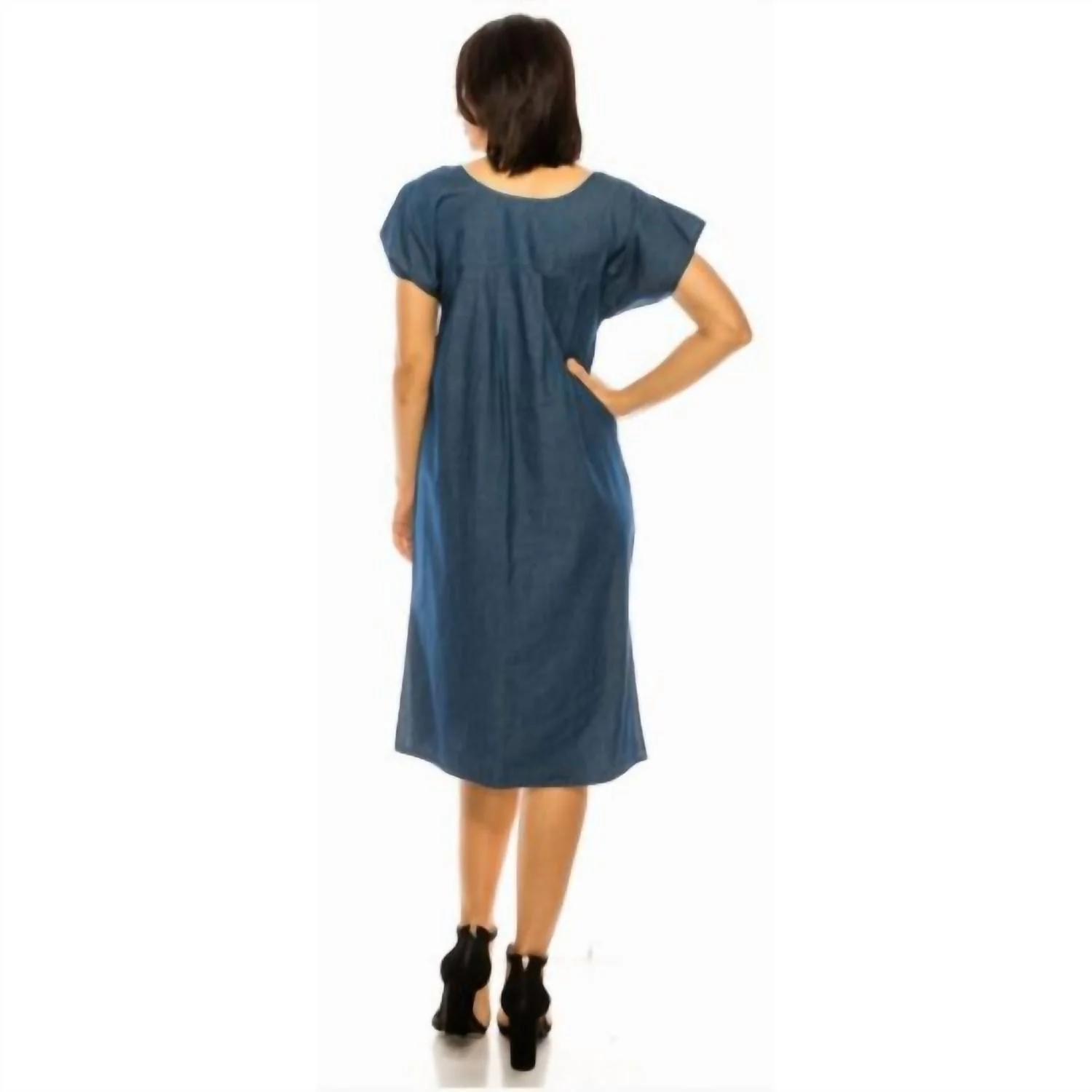 Colorful Floral Embroidered Chambray Midi Dress In Blue - Image 3