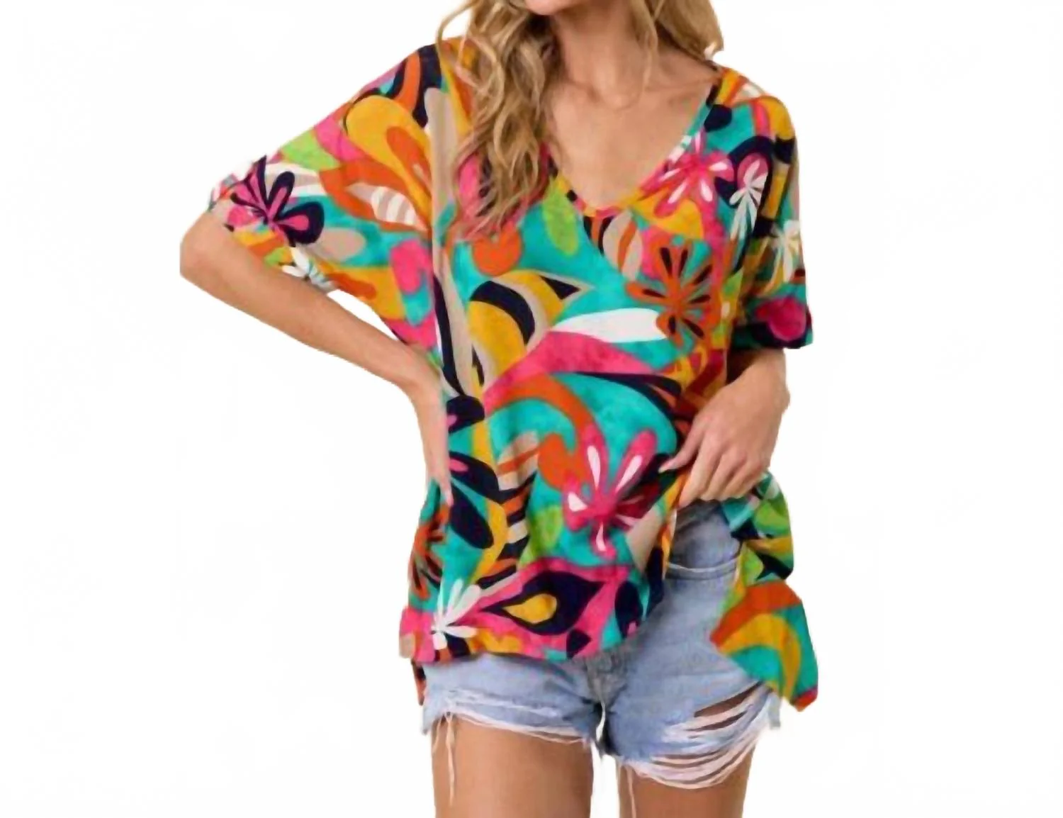 Colorful Floral Hi-Lo V-Neck Top In Multi