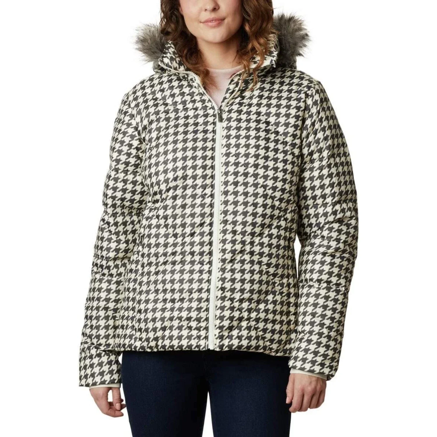 Columbia Icy Heights II Jacket Women's Chalk Houndstooth Down Hooded KFC412
