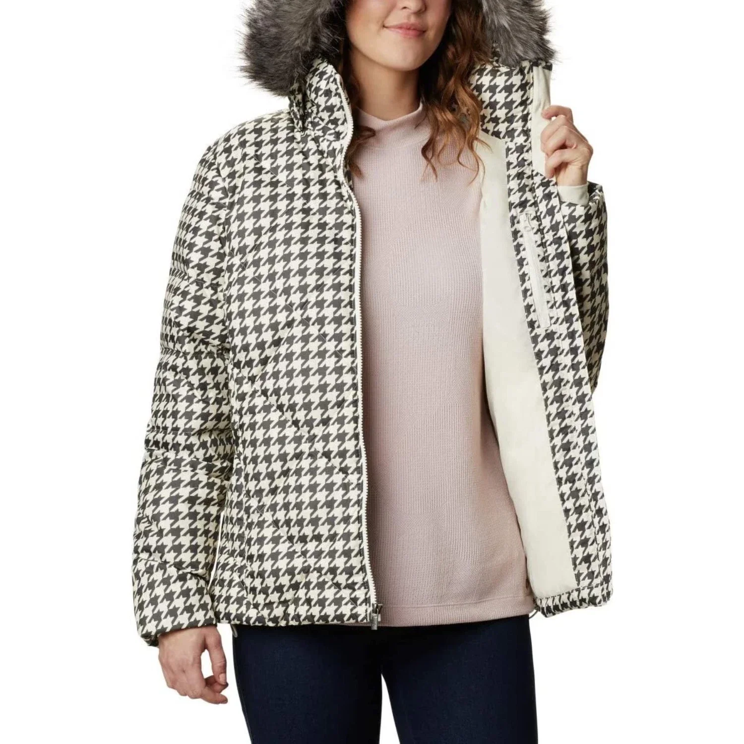 Columbia Icy Heights II Jacket Women's Chalk Houndstooth Down Hooded KFC412 - Image 5