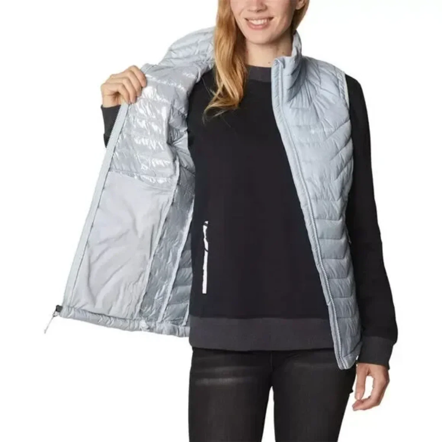 Columbia Powder Lite Puffer Vest Women Cirrus Gray Omni-Heat Full Zip KFC546 - Image 4