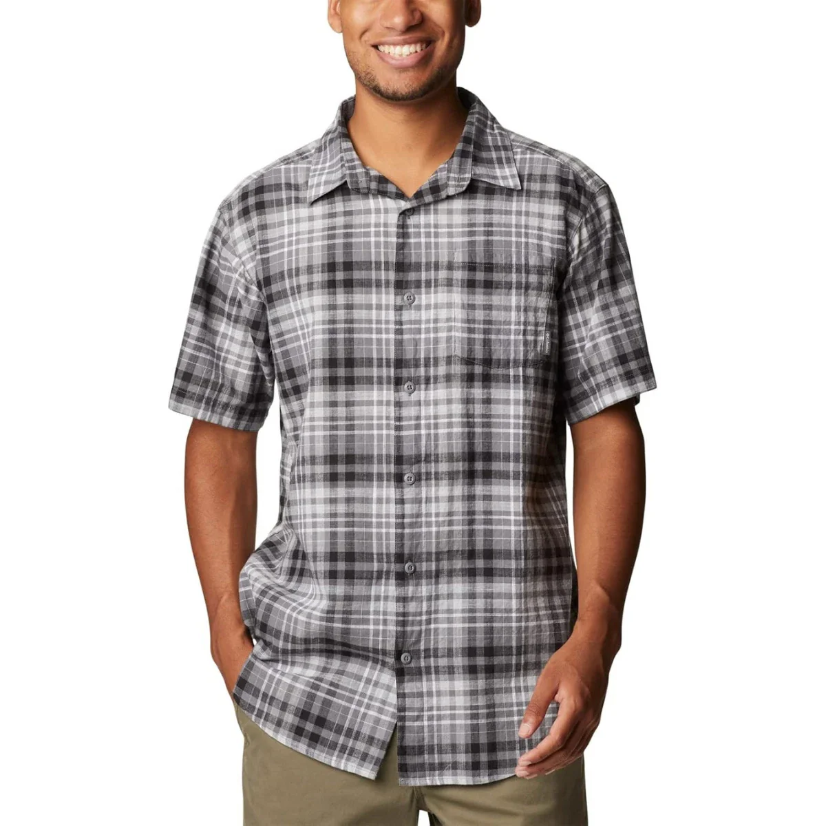 Columbia Under Exposure Shirt Men's Gray Plaid Yarn Dye Button-Up FROG270