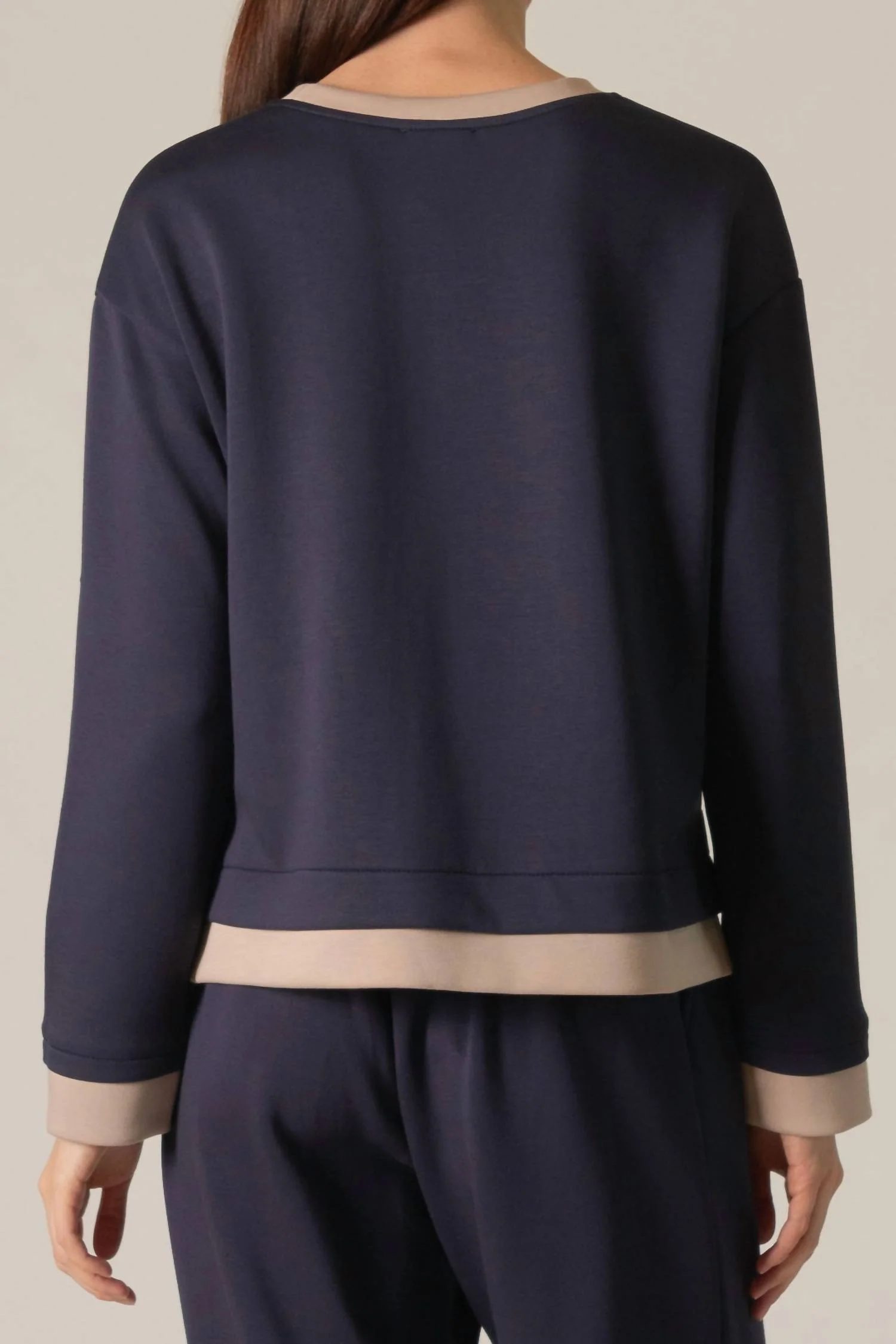 Contrast Border Long Sleeve Top In Navy And Taupe - Image 2