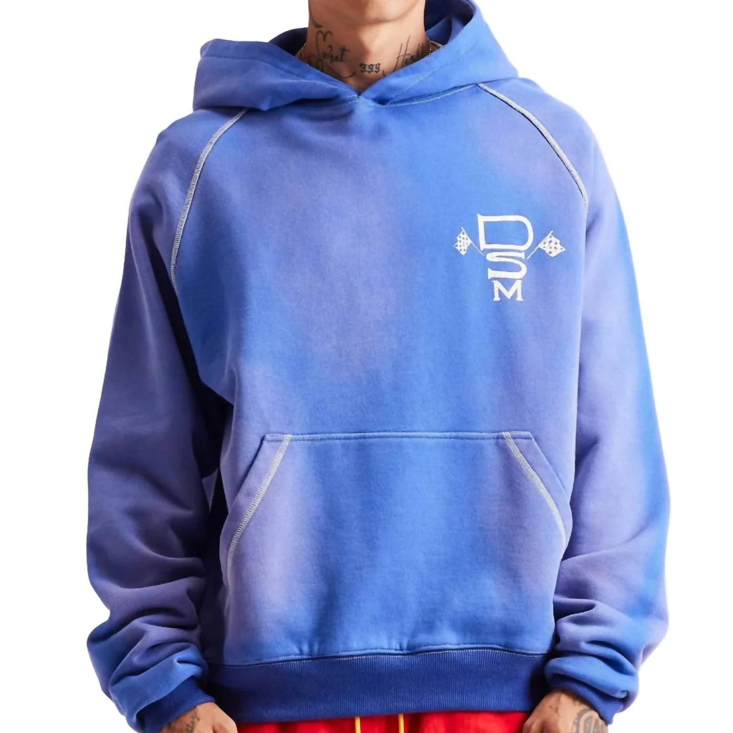 Contrast Stitch Hoodie In Washed Blue