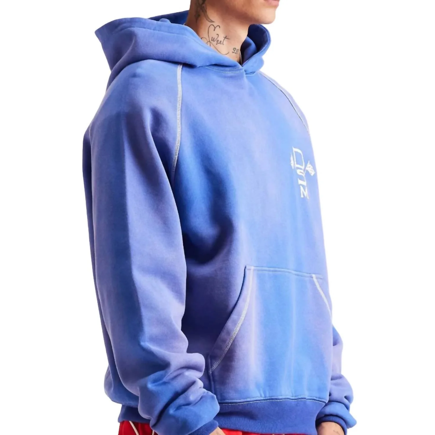 Contrast Stitch Hoodie In Washed Blue - Image 3
