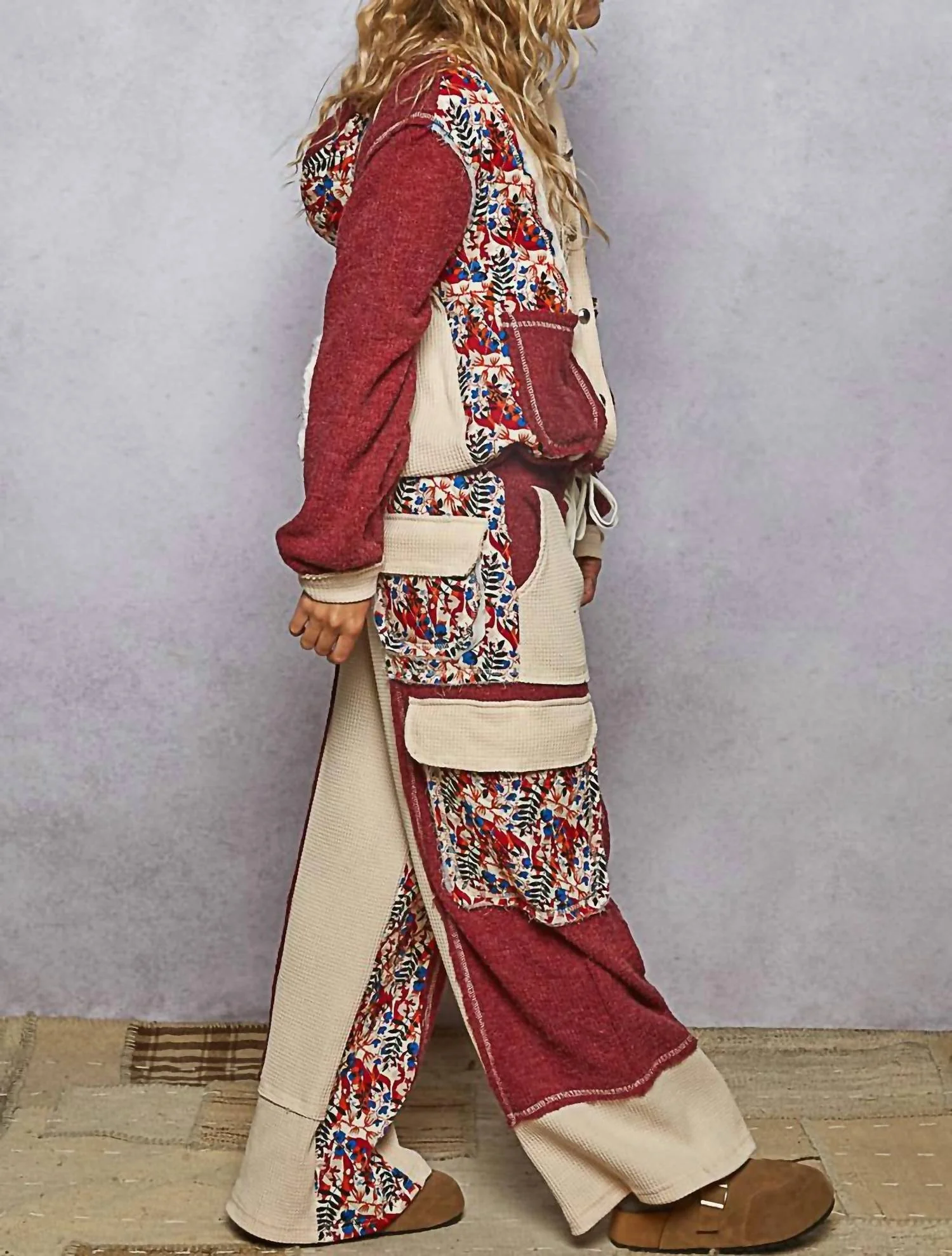 Contrast Thermal Patchwork Button Hoodie In Burgundy - Image 2