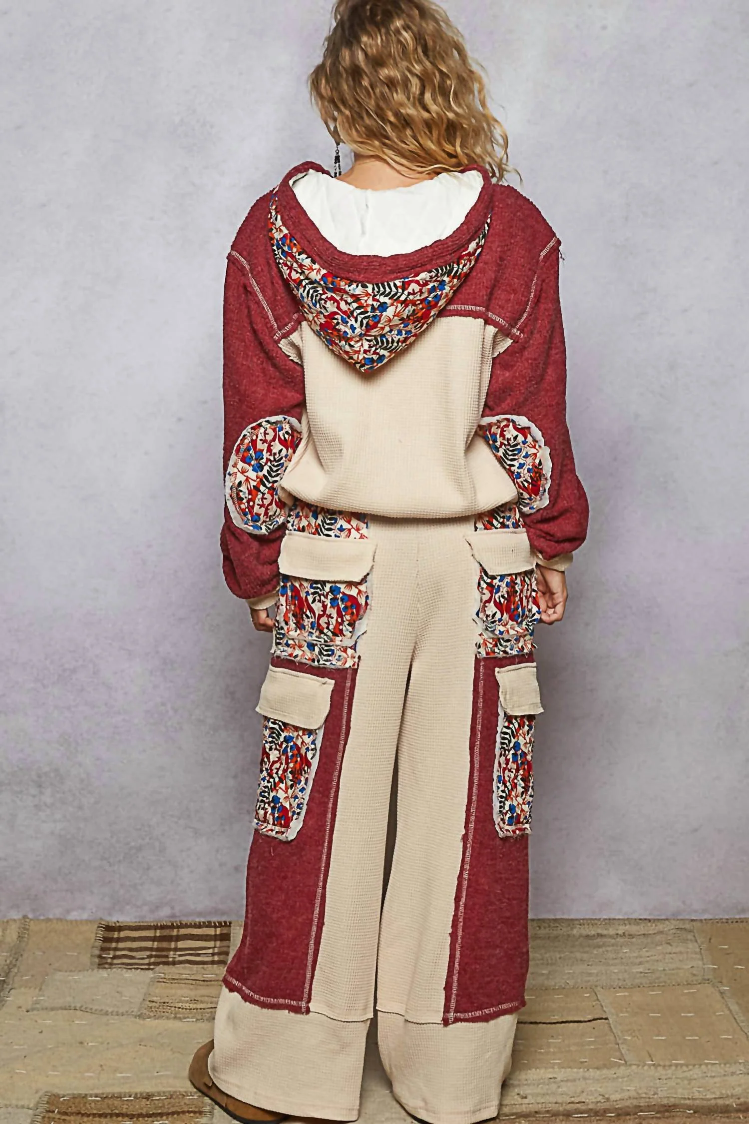 Contrast Thermal Patchwork Button Hoodie In Burgundy - Image 3