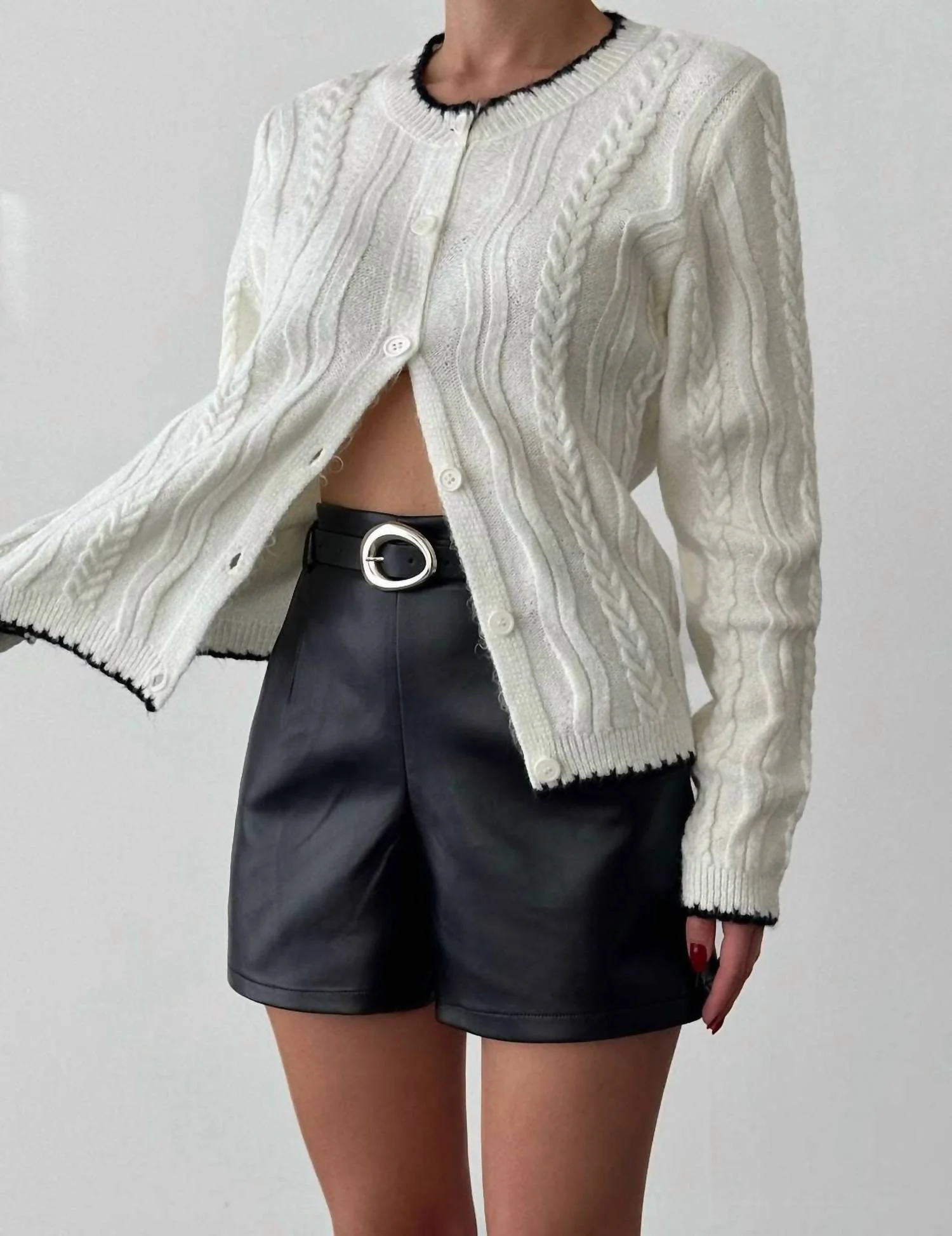 Contrast Trim Cable Knit Cardigan In Off-White - Image 2