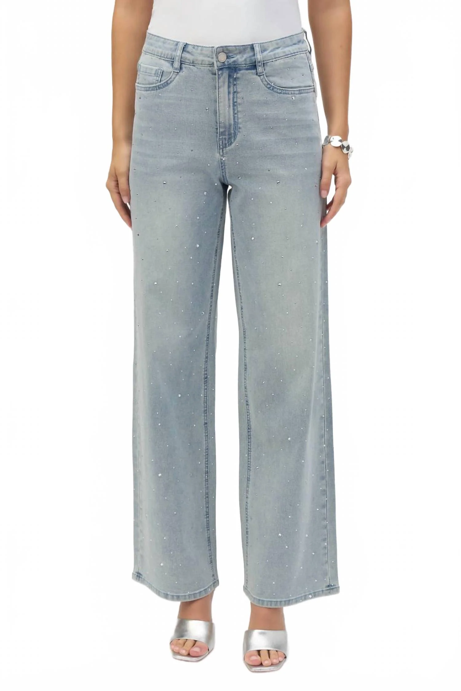 Coralie Classic Wide Leg Stretch Jeans With Crystals In Light Blue