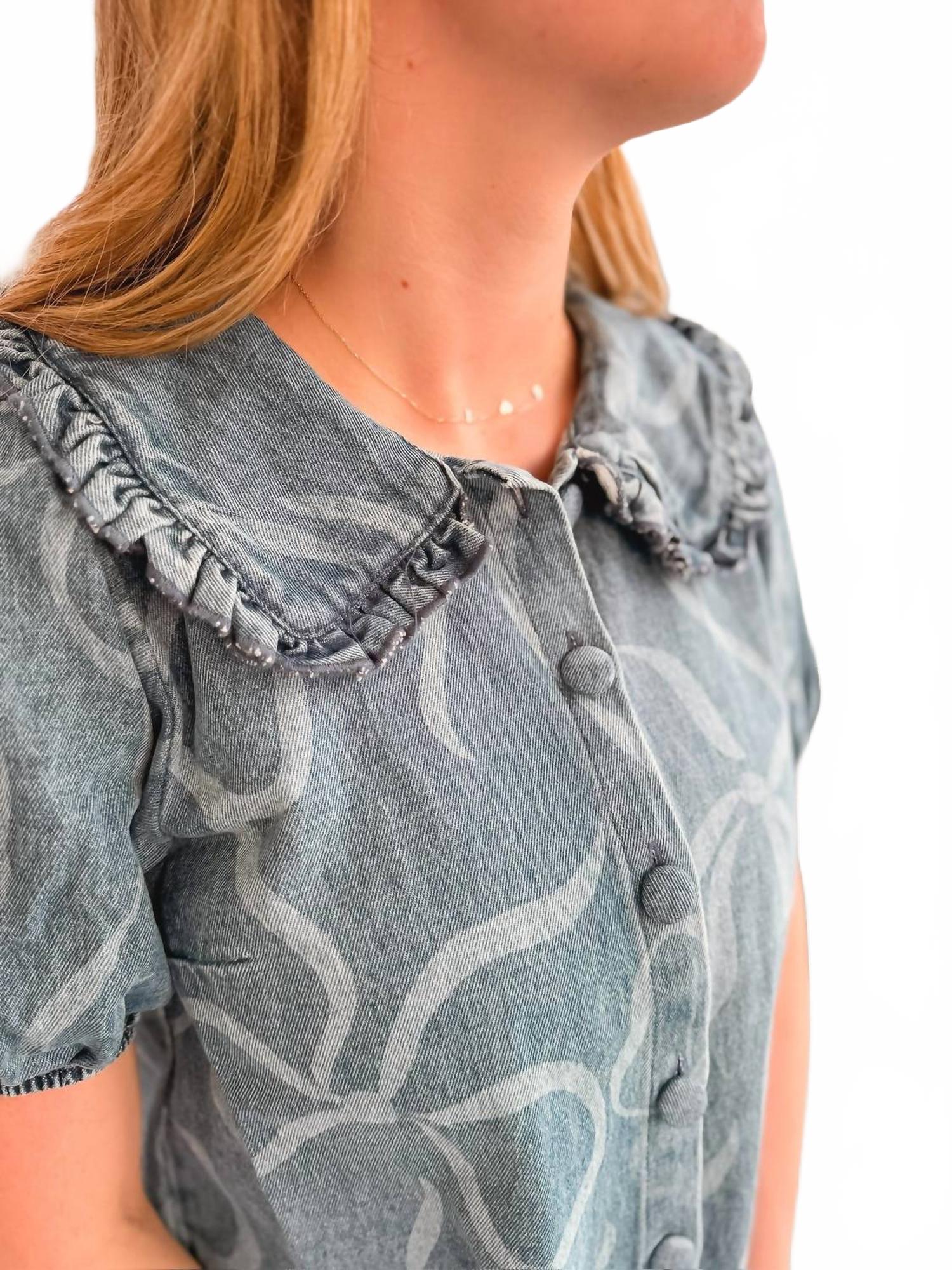 Corina Bow Pattern Denim Dress In Blue - Image 2
