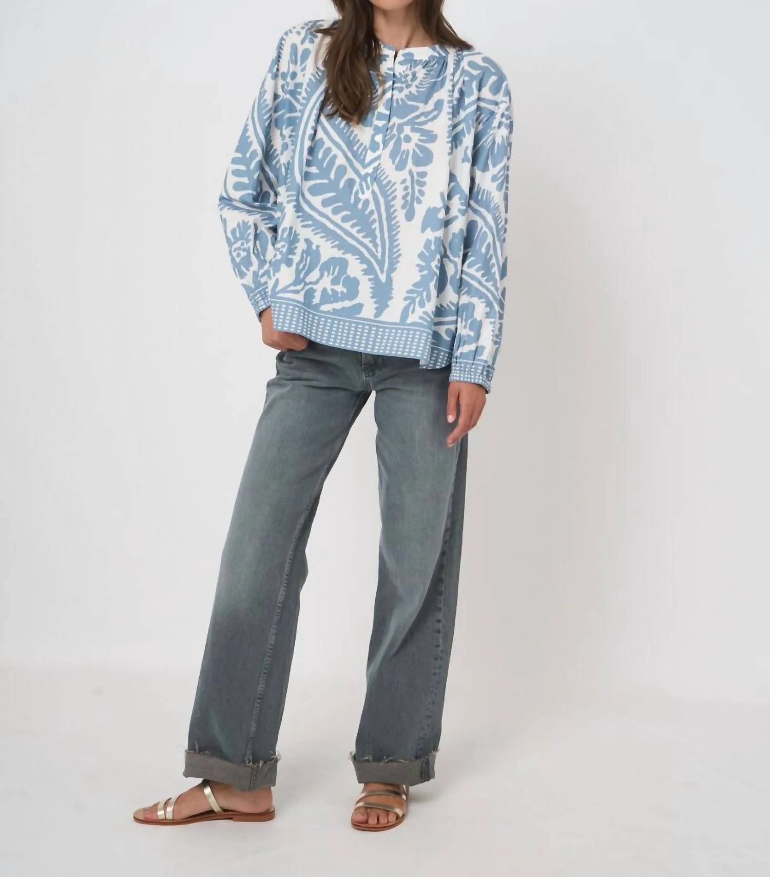 Cotton Oversized Pattern Blouse In Denim