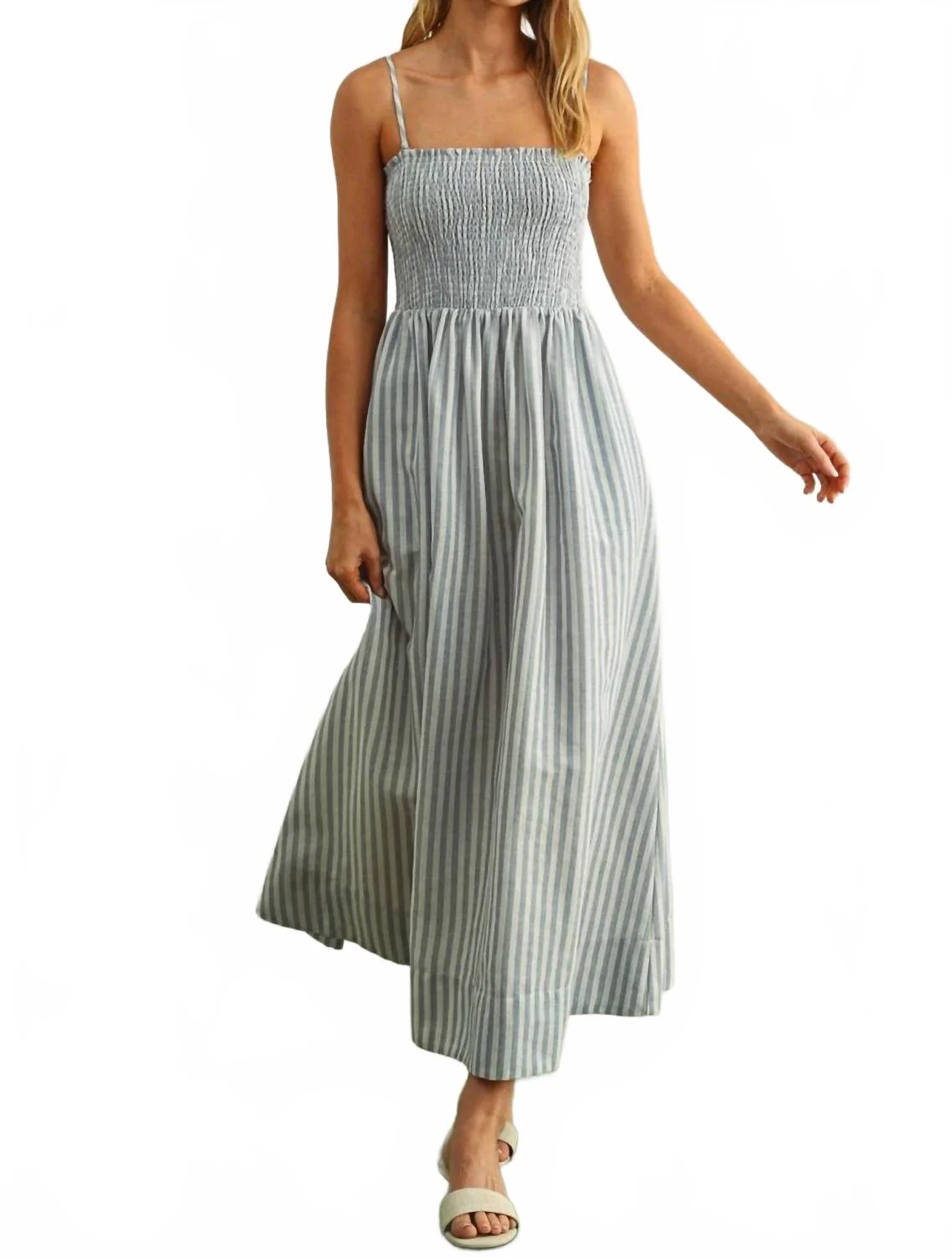 Cotton Striped Smock Maxi Dress In Blue