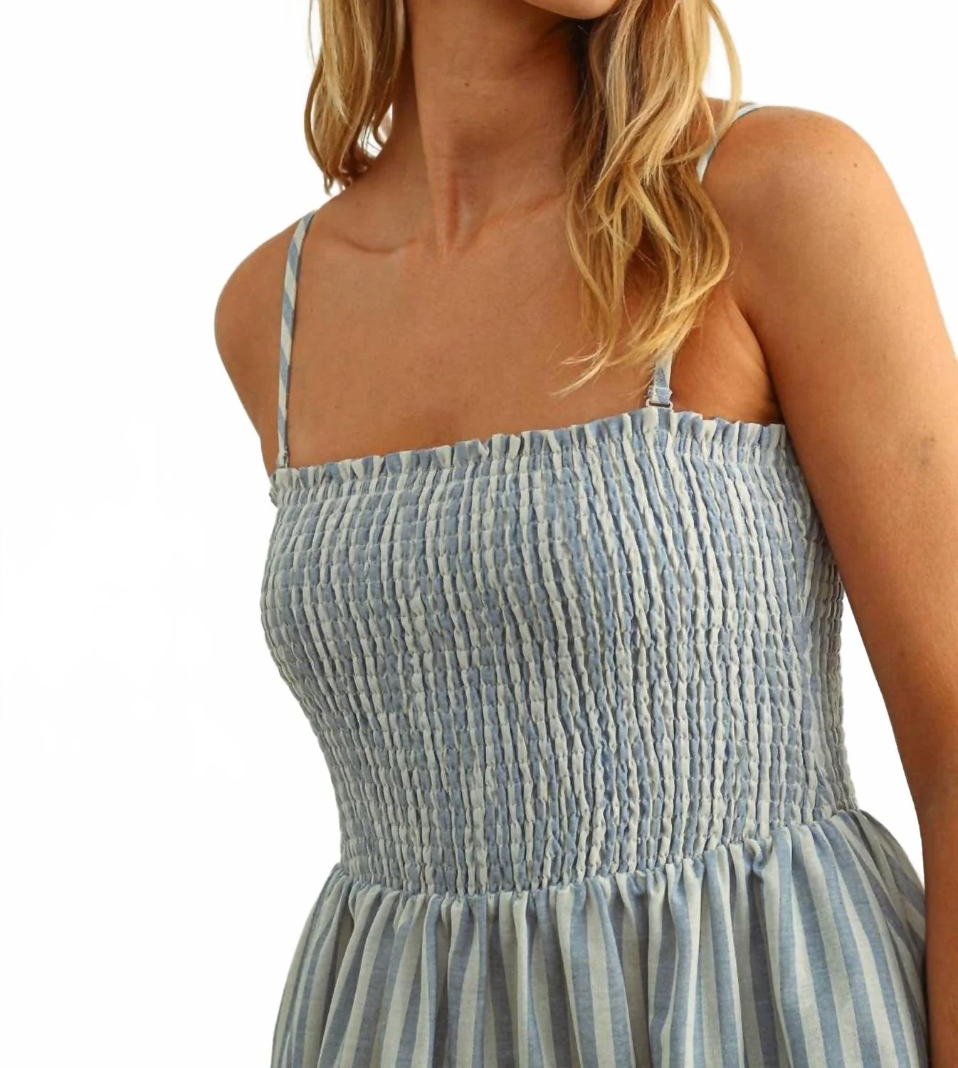 Cotton Striped Smock Maxi Dress In Blue - Image 5