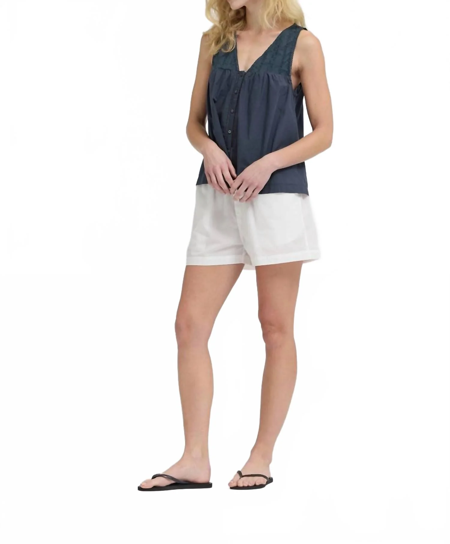 Cotton V-Neck Eyelet Tank In Navy - Image 4