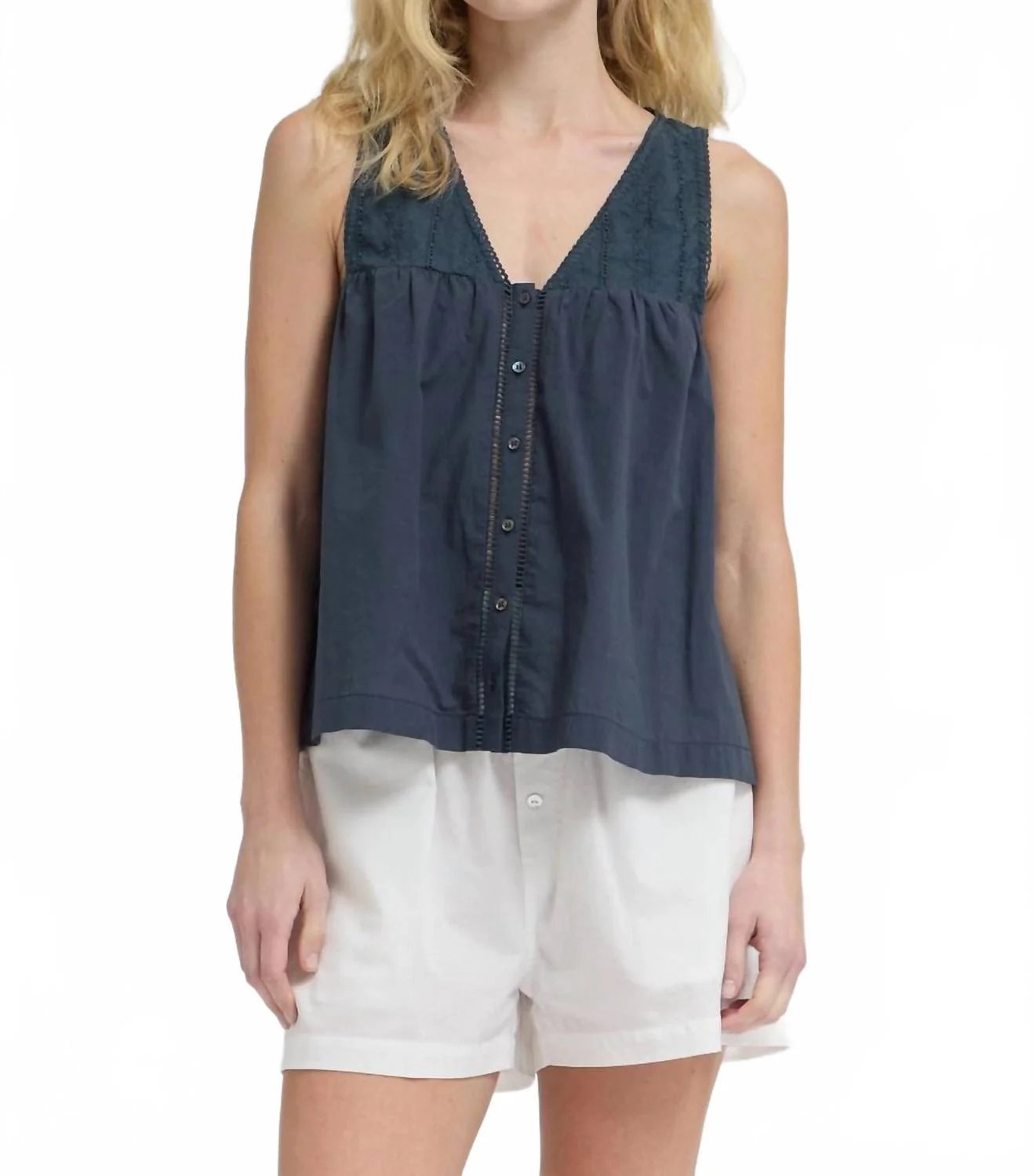 Cotton V-Neck Eyelet Tank In Navy - Image 5