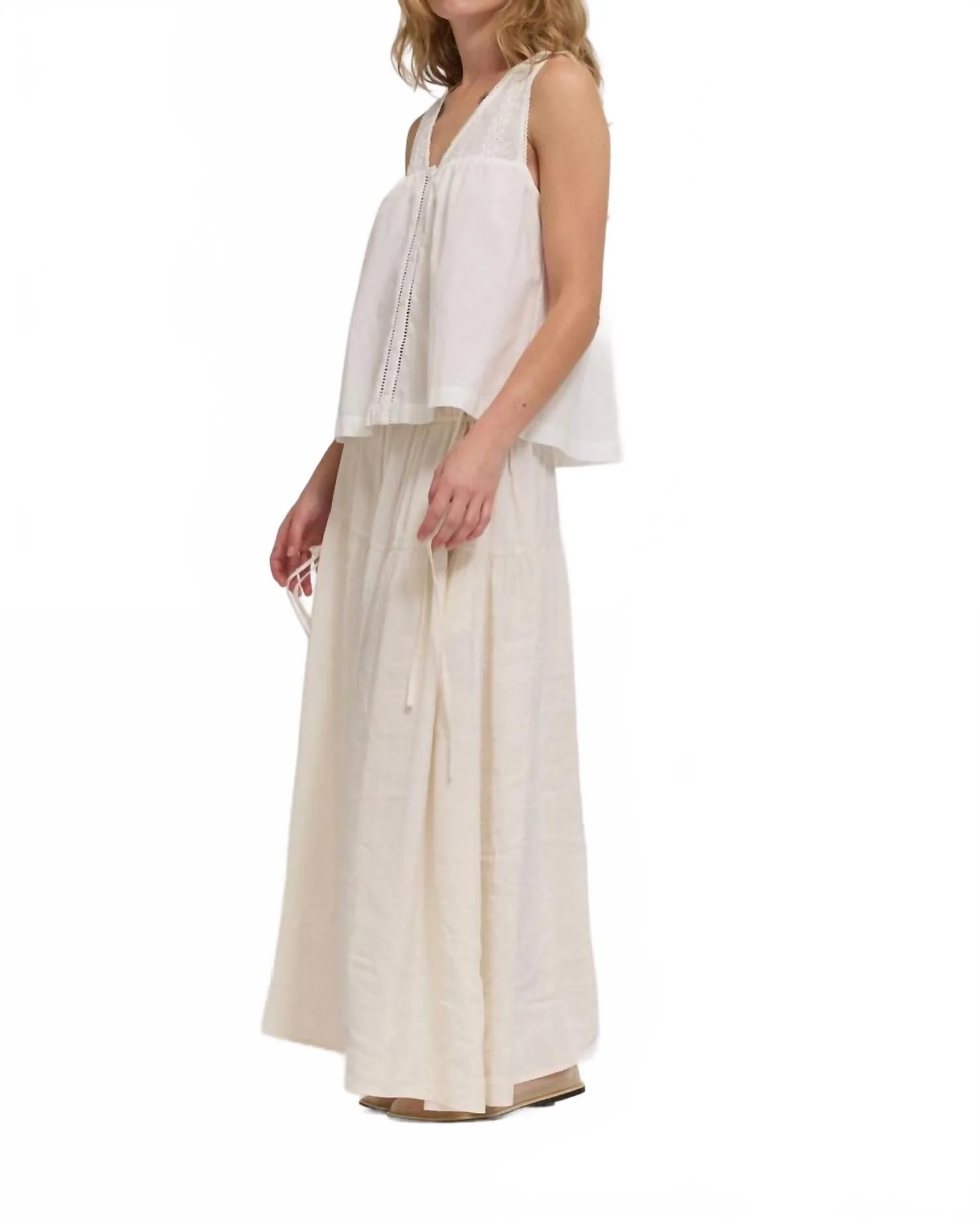 Cotton V-Neck Eyelet Tank In White - Image 3