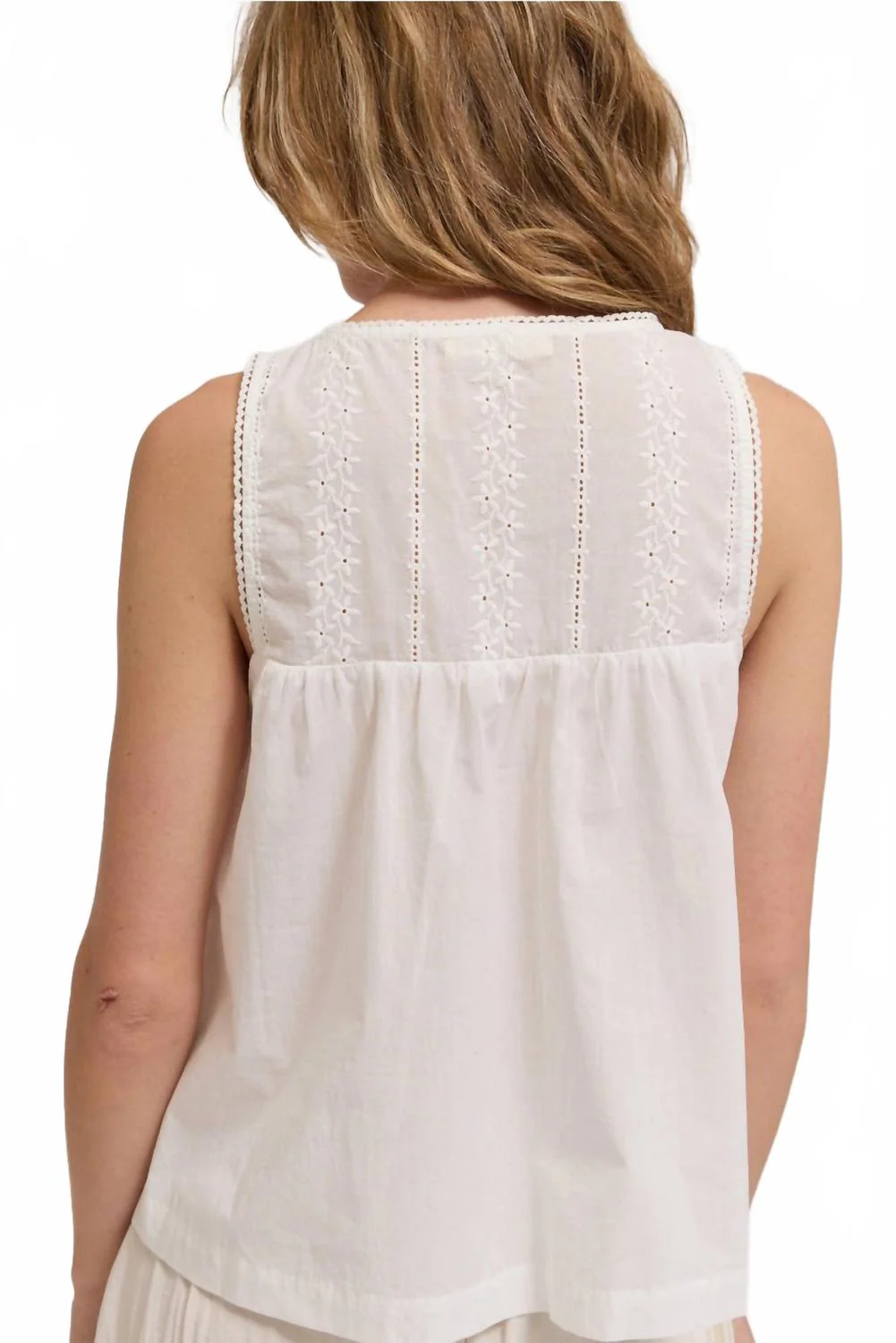 Cotton V-Neck Eyelet Tank In White - Image 5