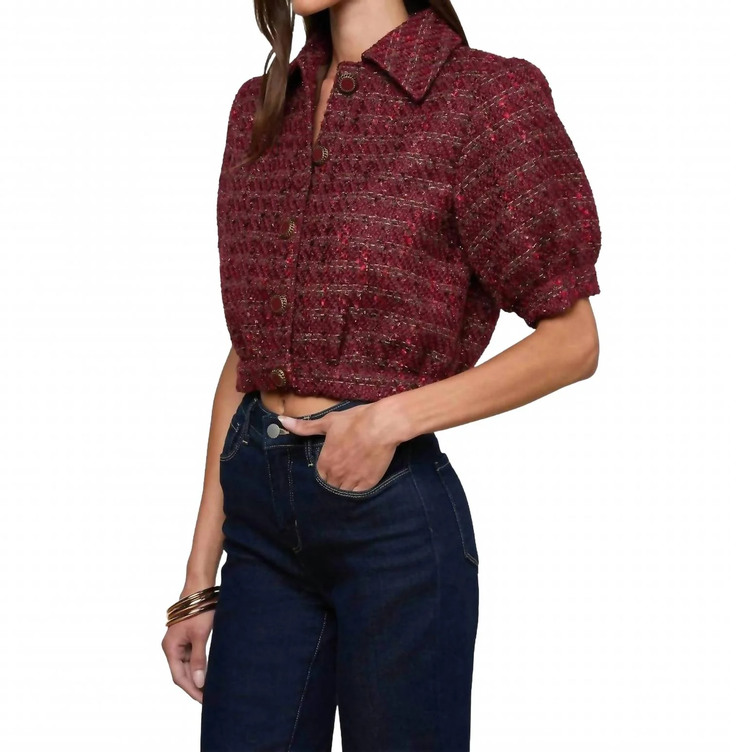 Cove Crop Short Sleeve Jacket In Brown/black Cherry Multi Tweed - Image 2