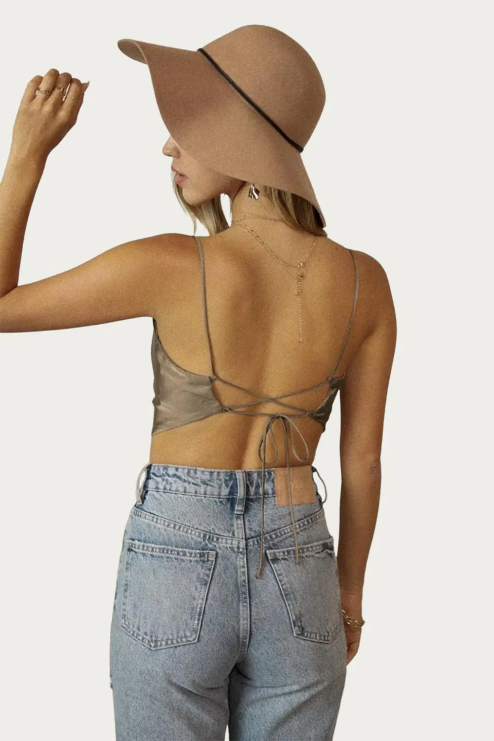 Cowl Cropped Open-Back Stretch-Satin Camisole In Mocha Grey - Image 3