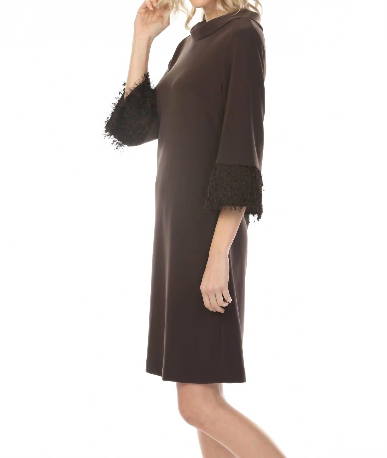 Cowl Neck Fringe Cuff A-Line Dress In Mocha - Image 3