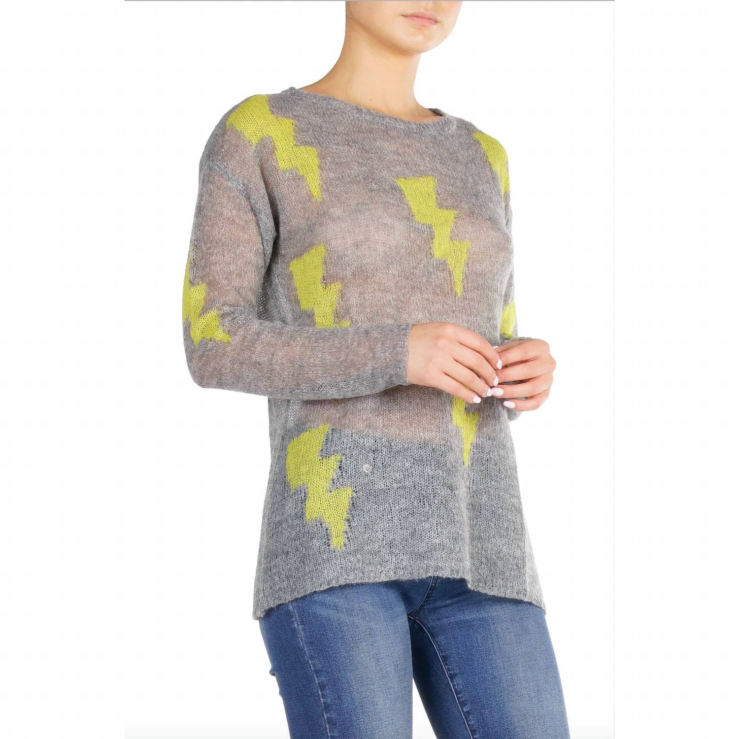 Crew Neck Lightning Bolt Sweater In Grey/lime - Image 2