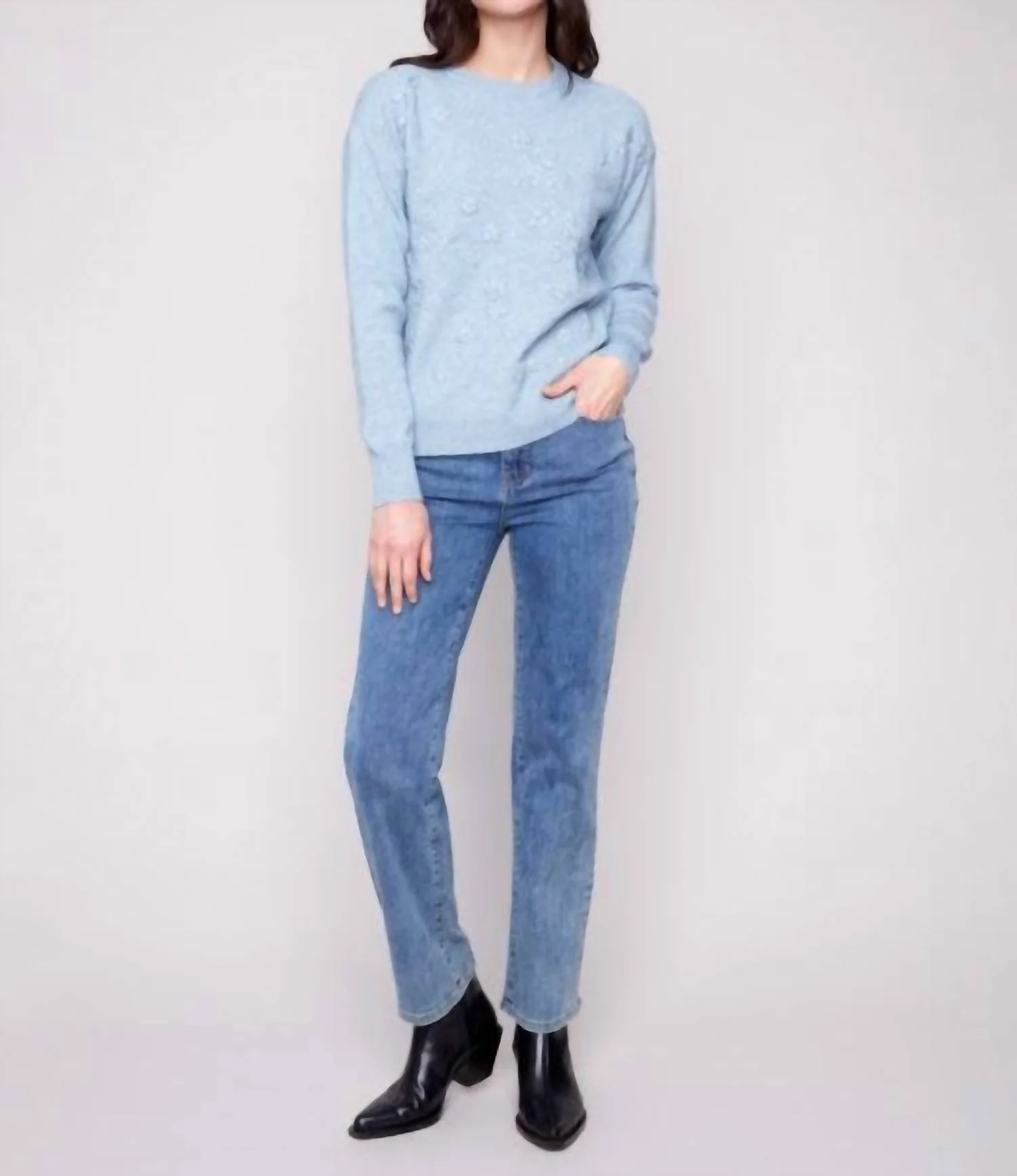 Crew Neck Sweater With Tonal Embroidery In Oxford - Image 4