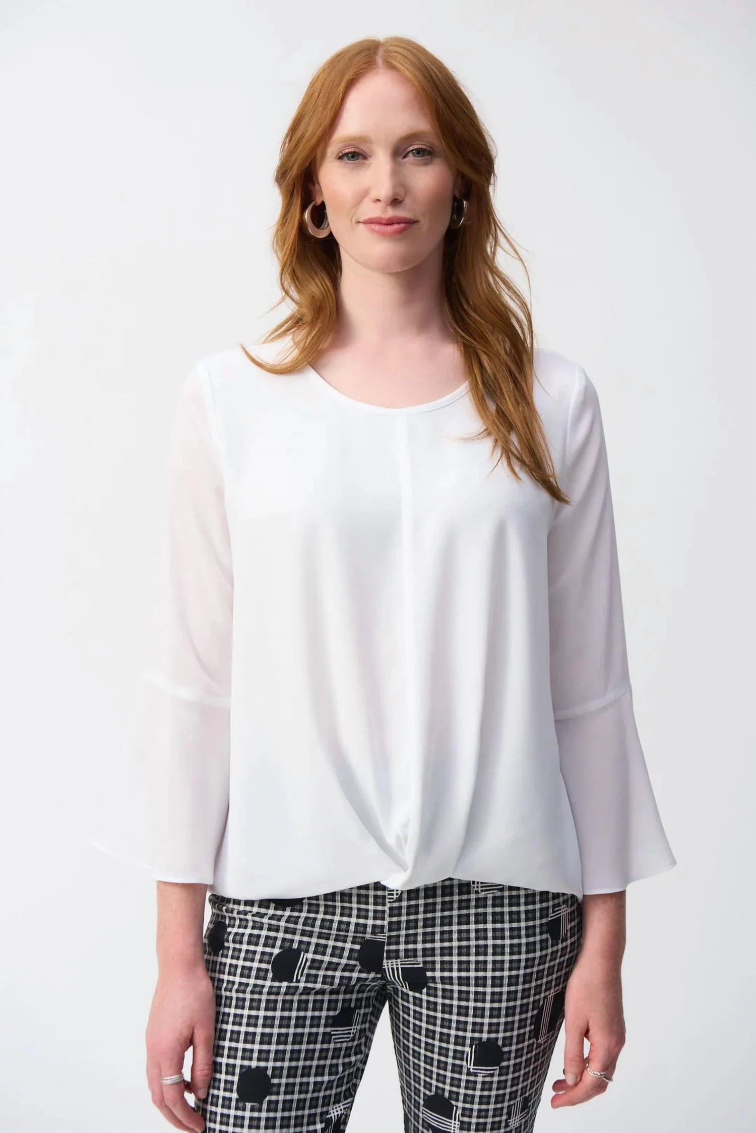 Crewneck Hi-Low 3/4 Bell Sleeves Top In Off-White