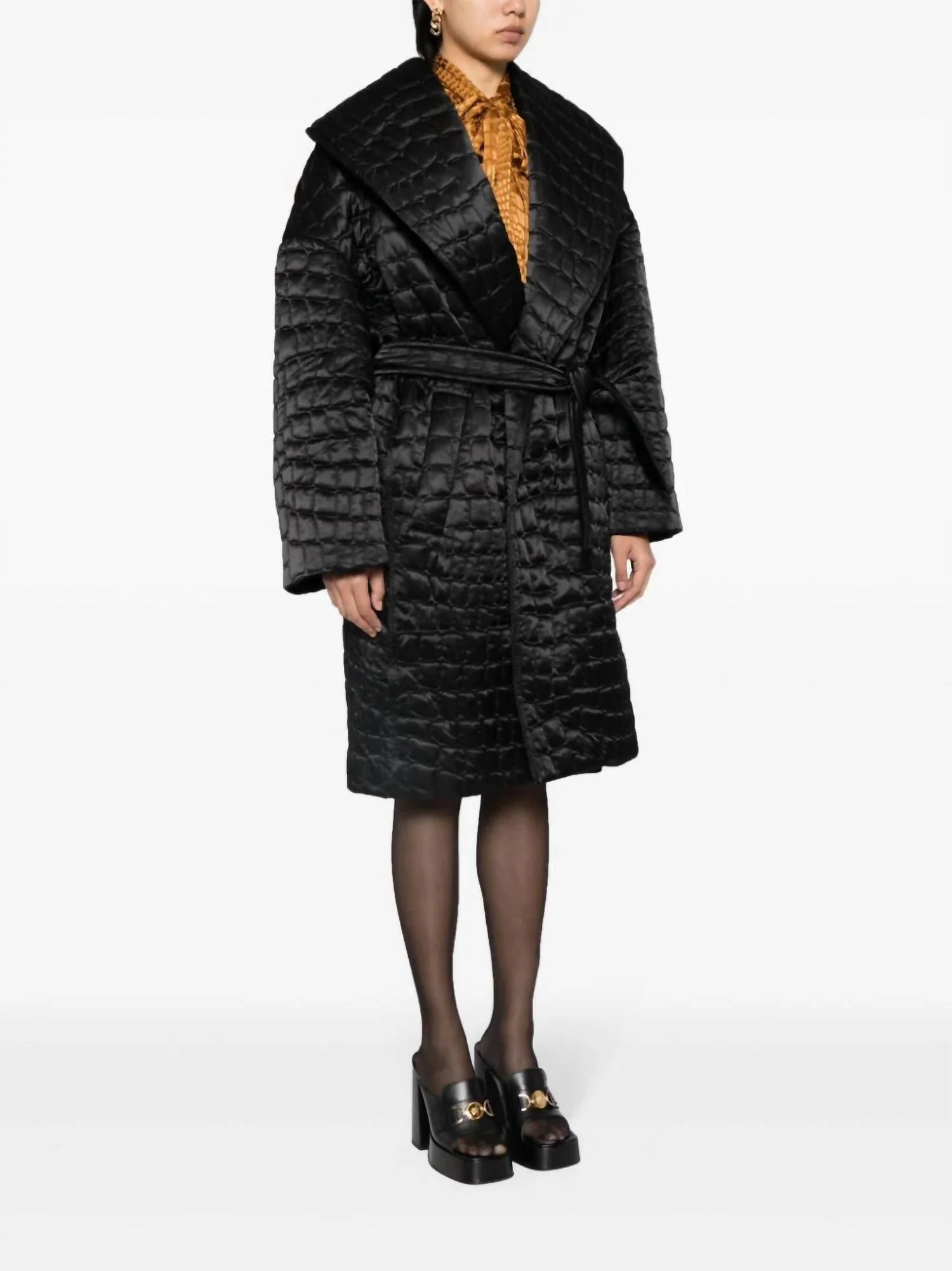 Croc-Pattern Quilted Coat In Black - Image 2