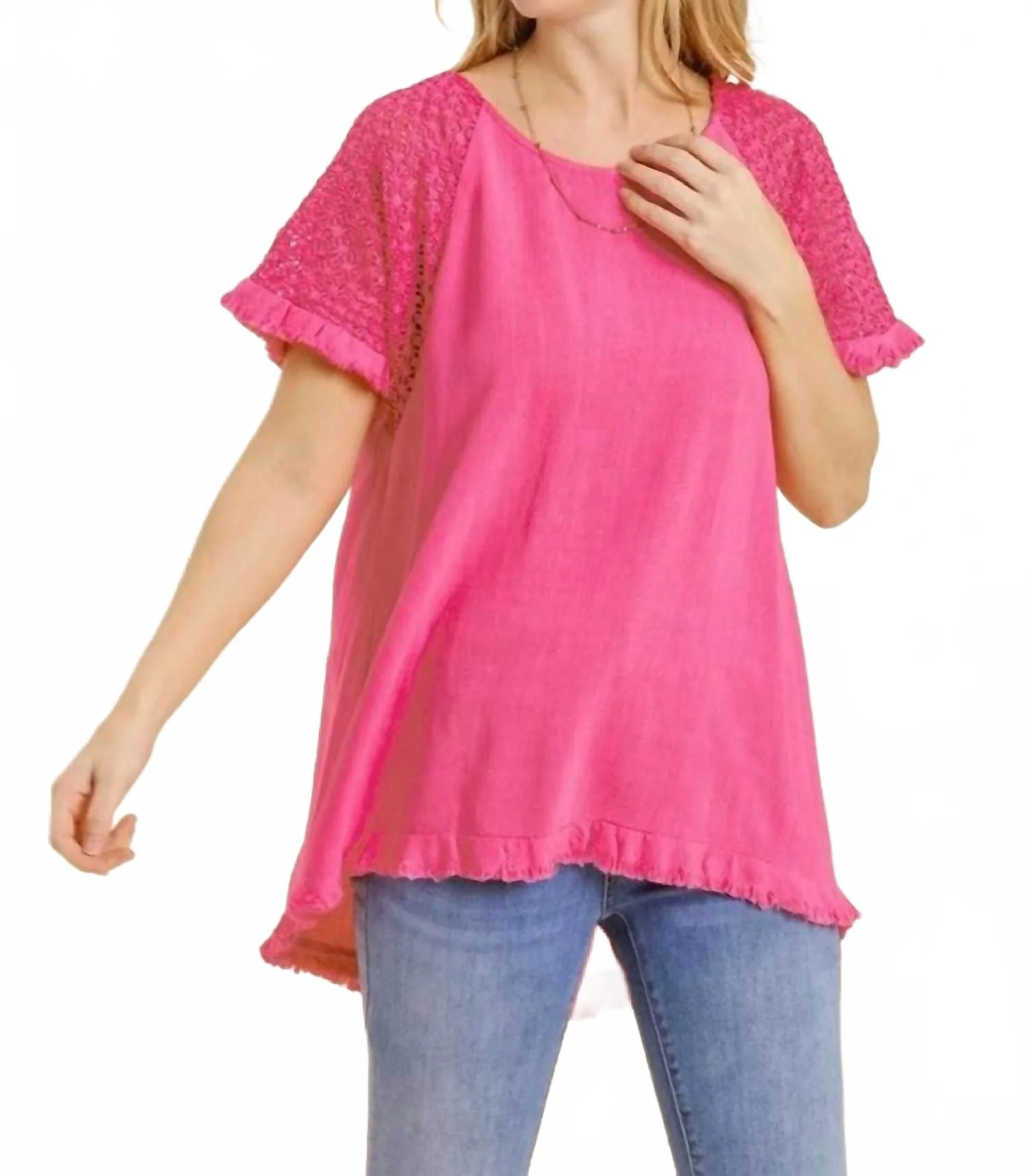 Crochet Detail Fringe Top In Hot Pink