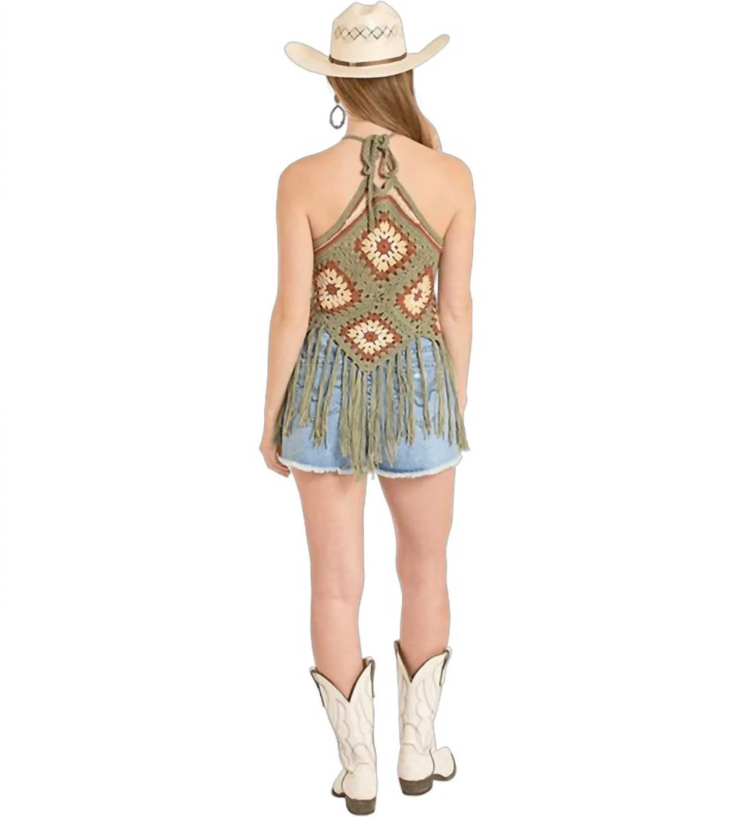 Crochet Halter Top With Fringe In Jade - Image 2