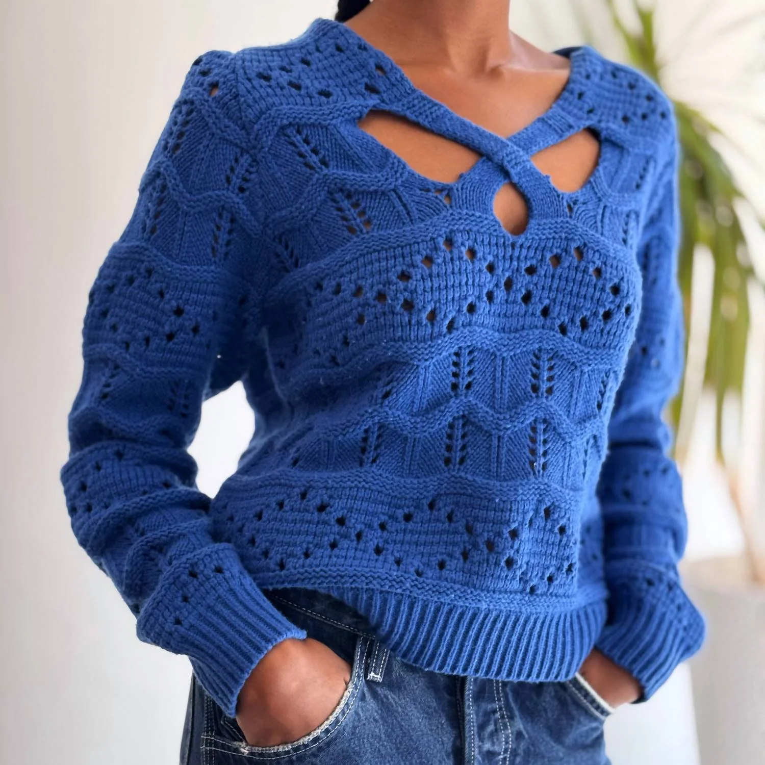 Crochet Knit Sweater In Blue