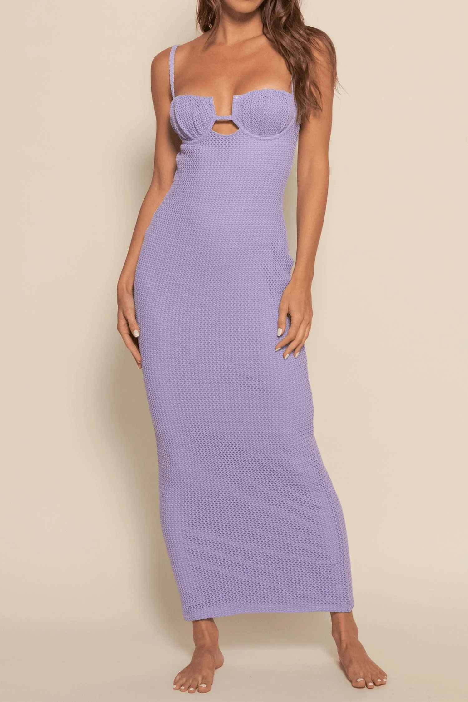Crochet Petal Long Slip Dress In Lavender