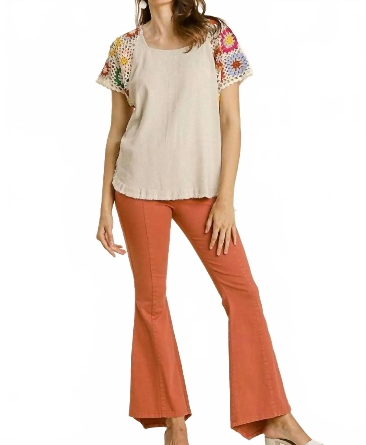 Crochet Sleeve Top In Oatmeal